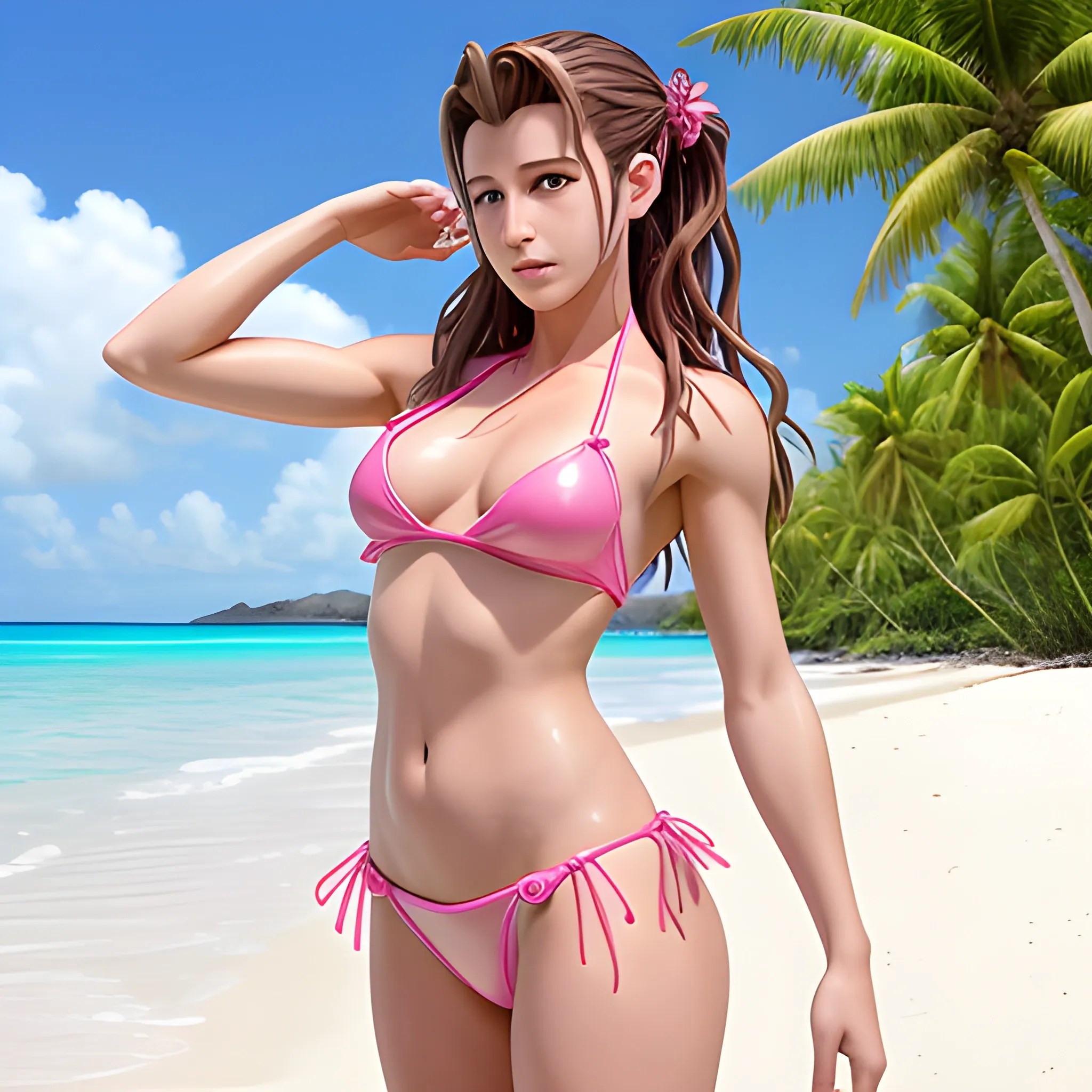 Aerith Gainsborough in pink leather bikini on a tropical beach