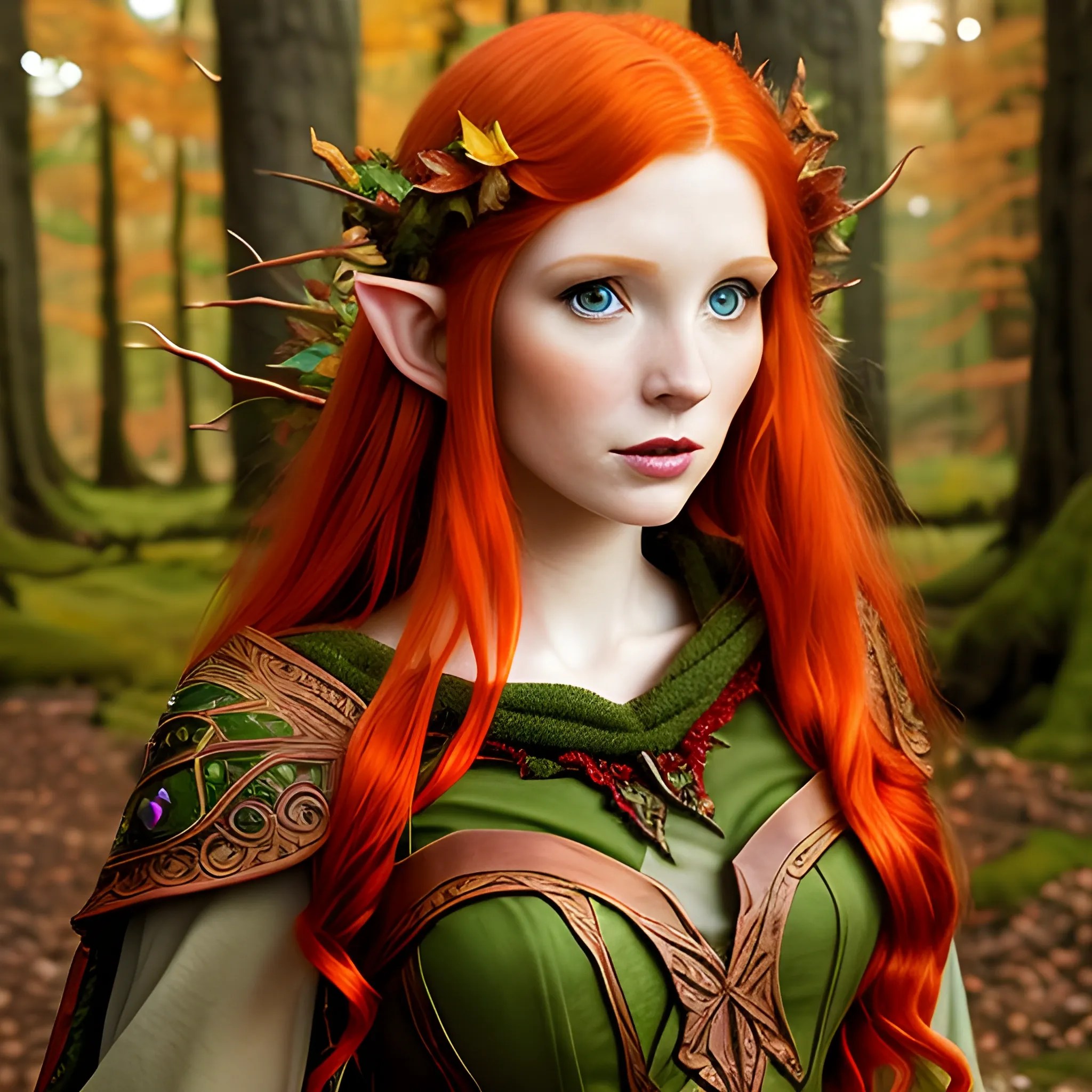 fantasy, redhead, red hair, elf, eladrin, fall, autumn, fae, for