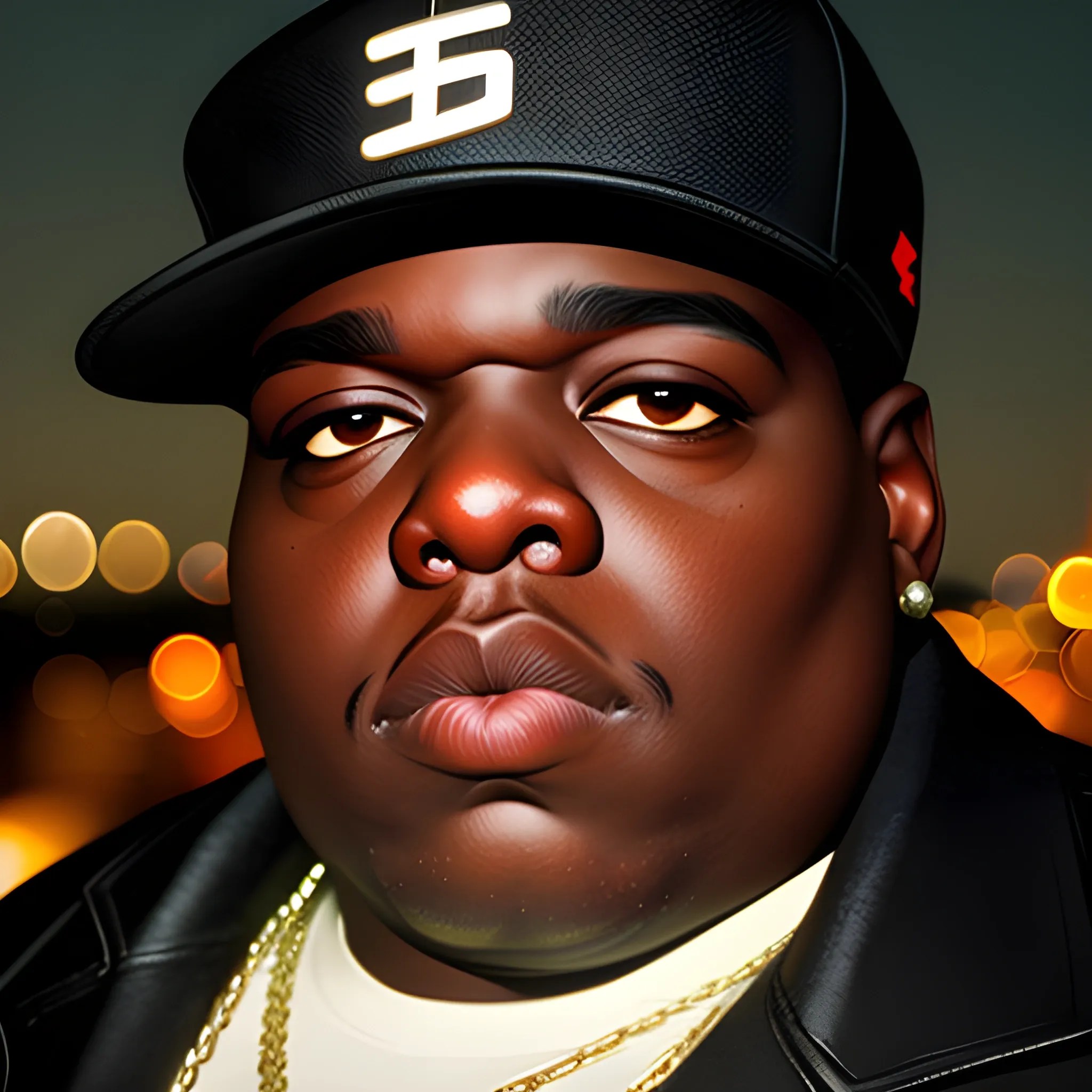 Biggie Smalls, 53 years old, photorealistic, dimmed lighnting