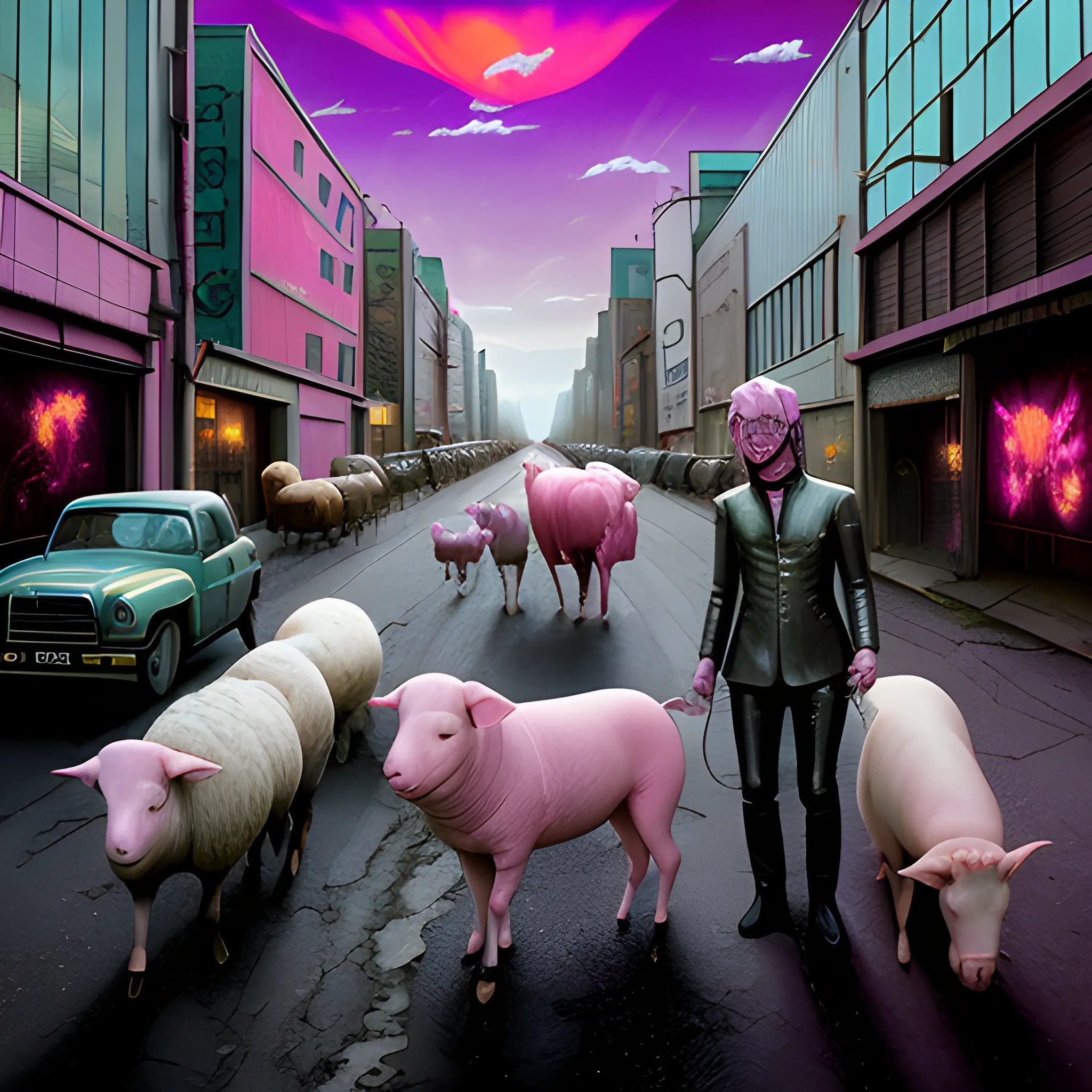 Pink Floyd Animals, Dogs, sheep , pigs , Cyberpunk Arthub.ai