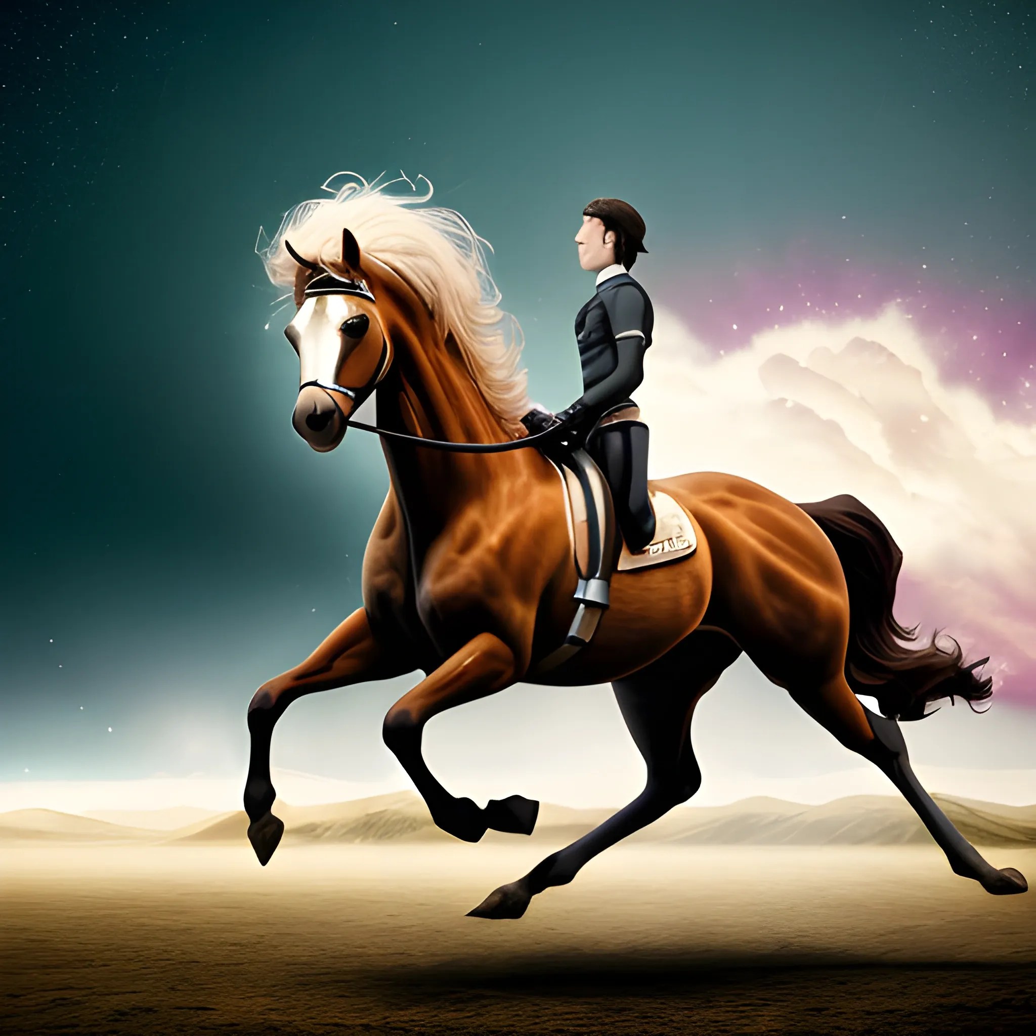 A spotted stallion is bucking, the background horizon has an et