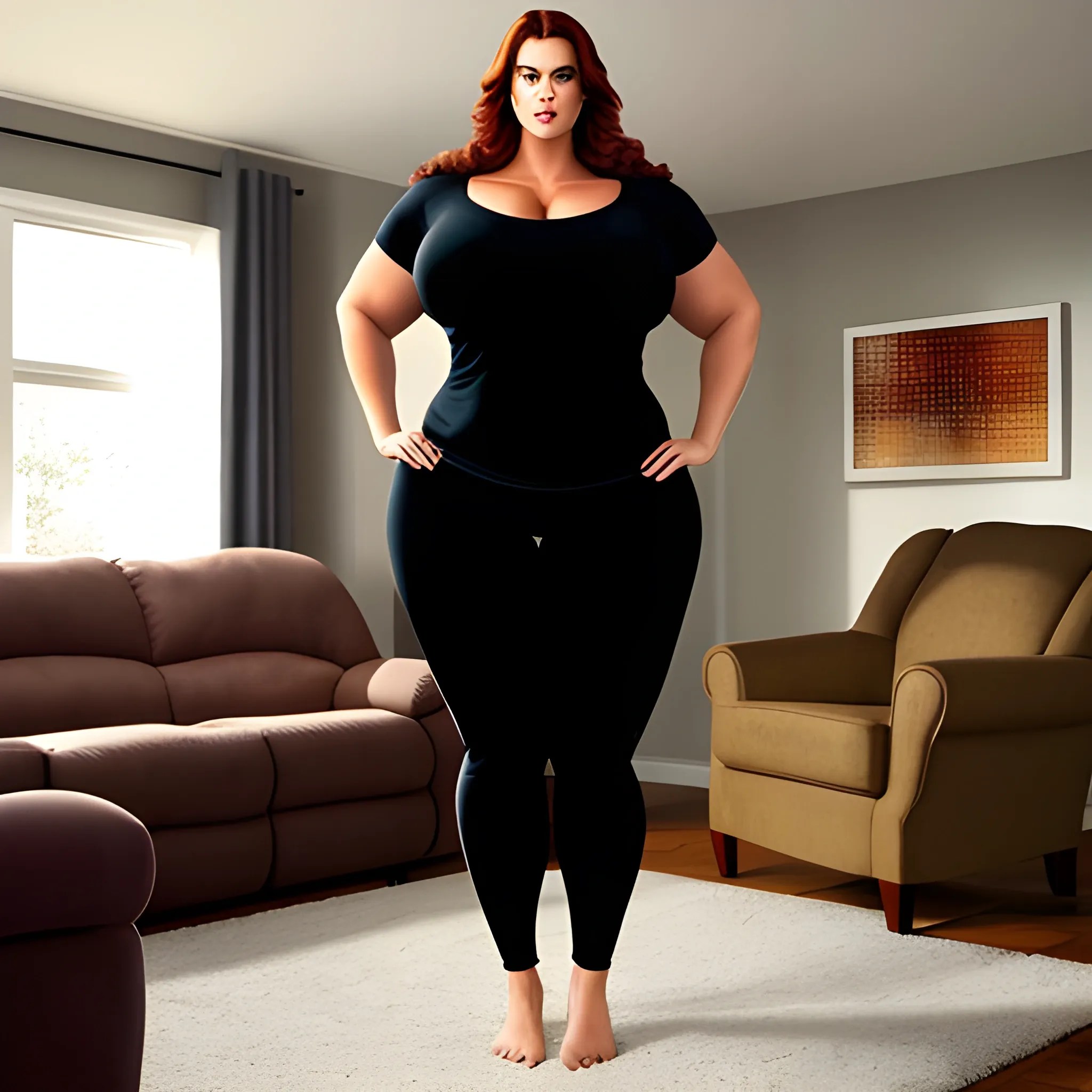 beautiful huge tall muscular plus size girl standing in living room