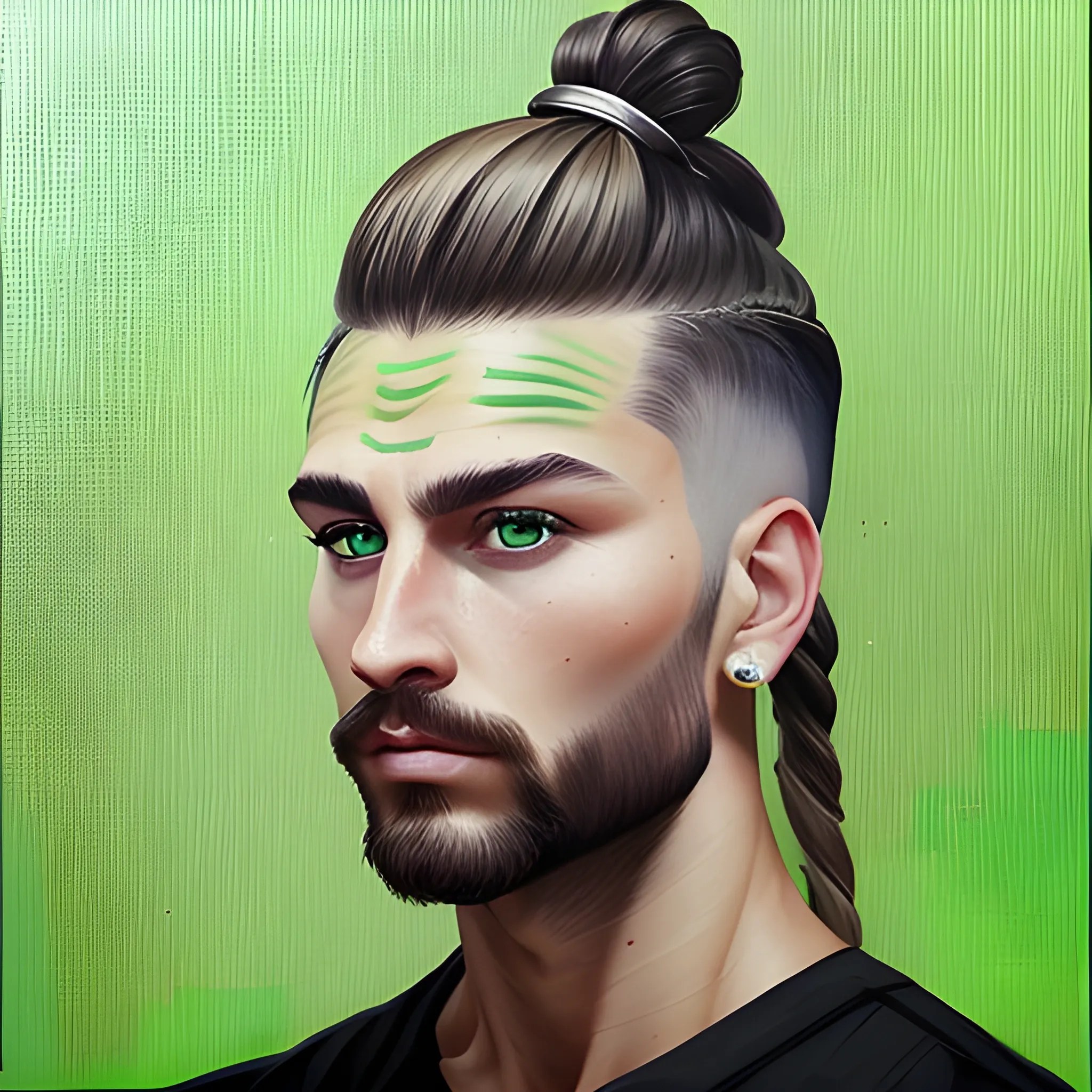 Generate a Vicking with shaved sides and long hair tied in a man