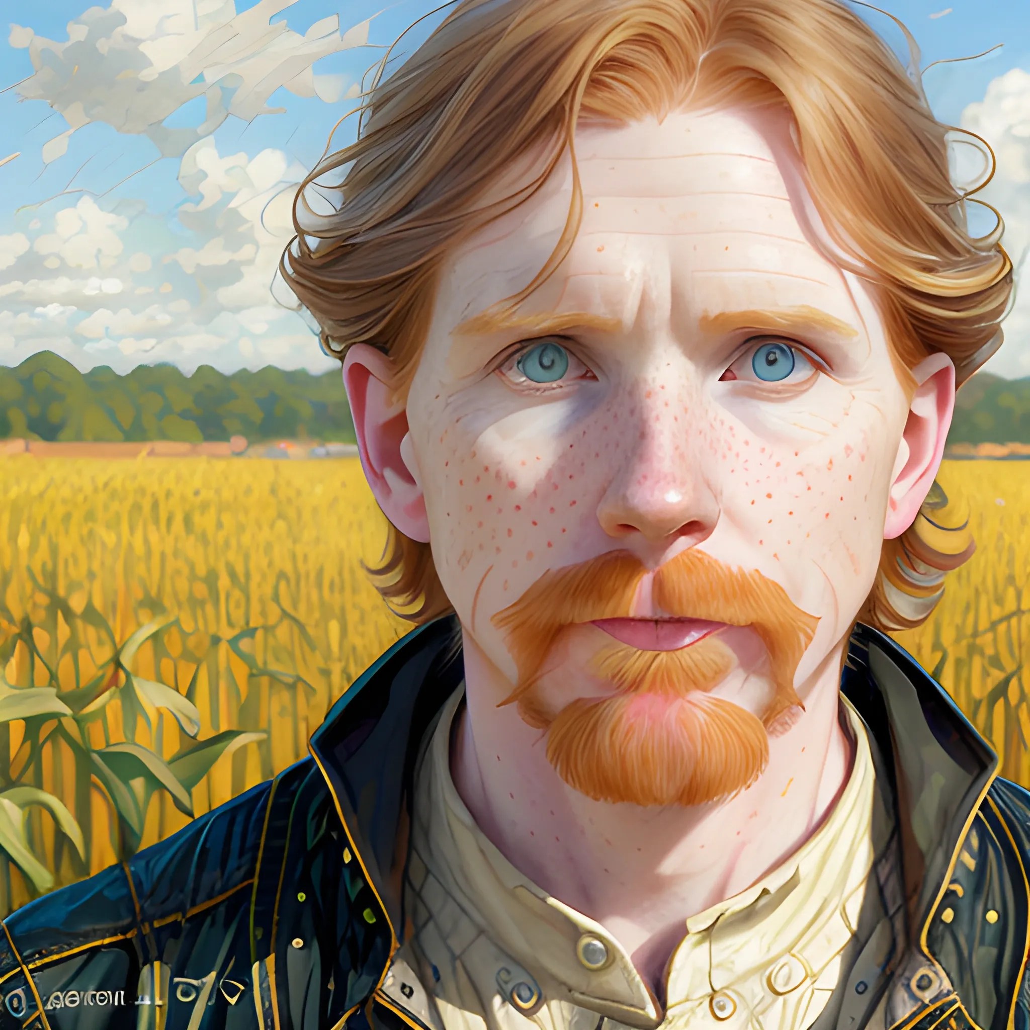 Courtney Gains, at a cornfield, highly detailed softly freckled