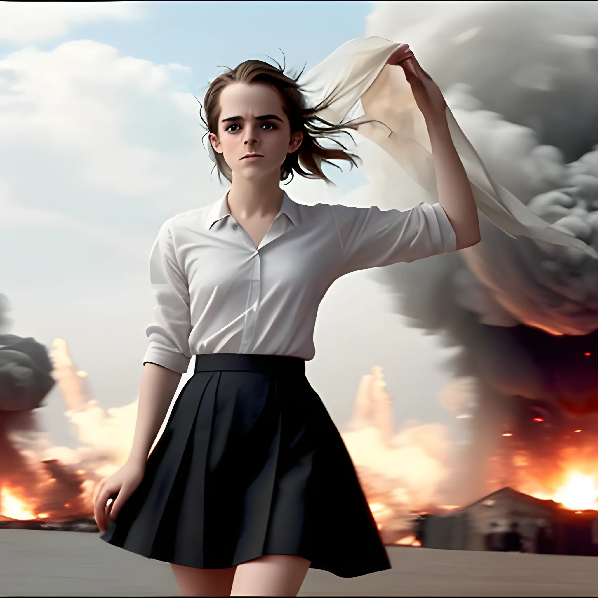 Take a picture of Emma watson keeping her skirt from blowing up - Arthub.ai