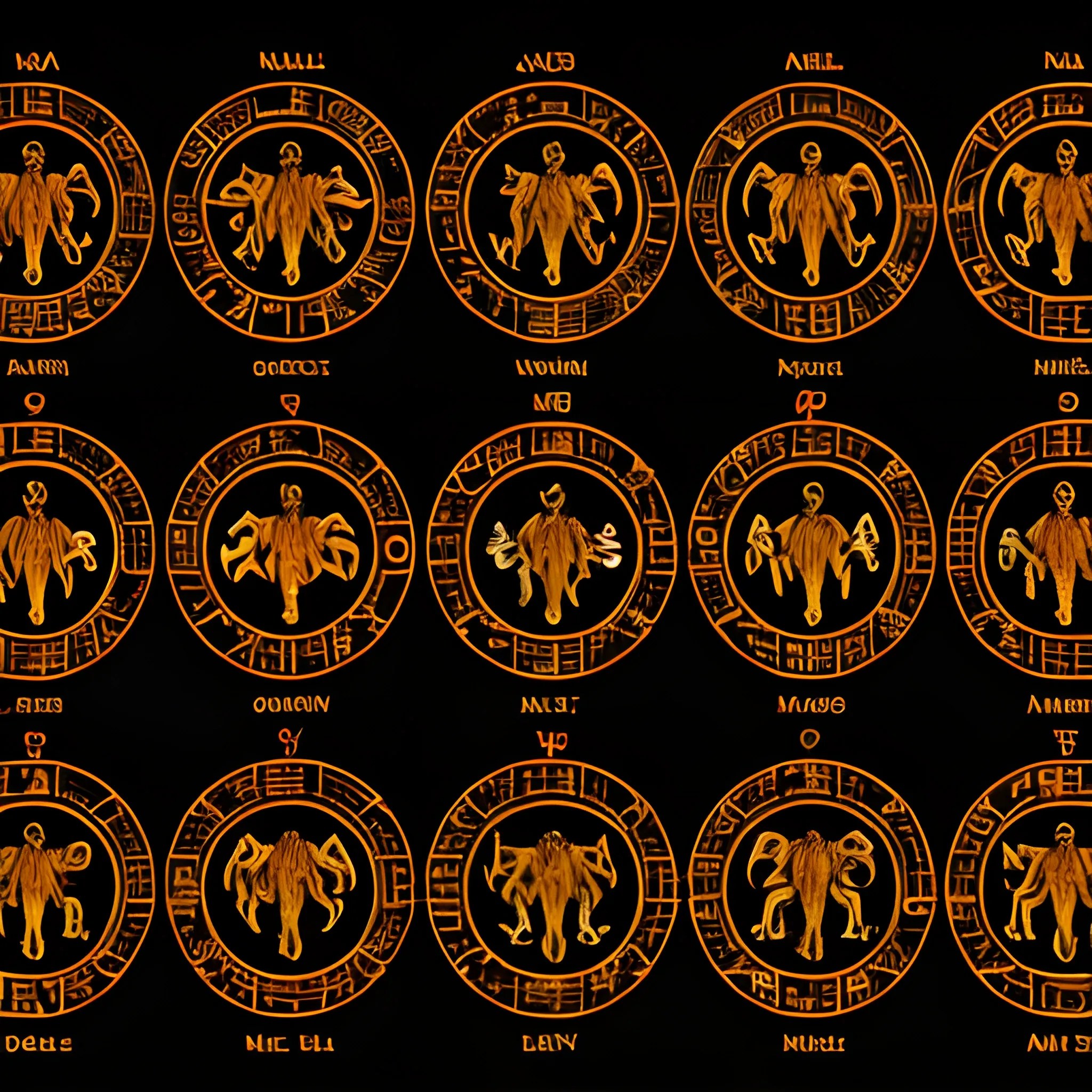 Zodiac signs on a black background in bright orange color Arthub.ai