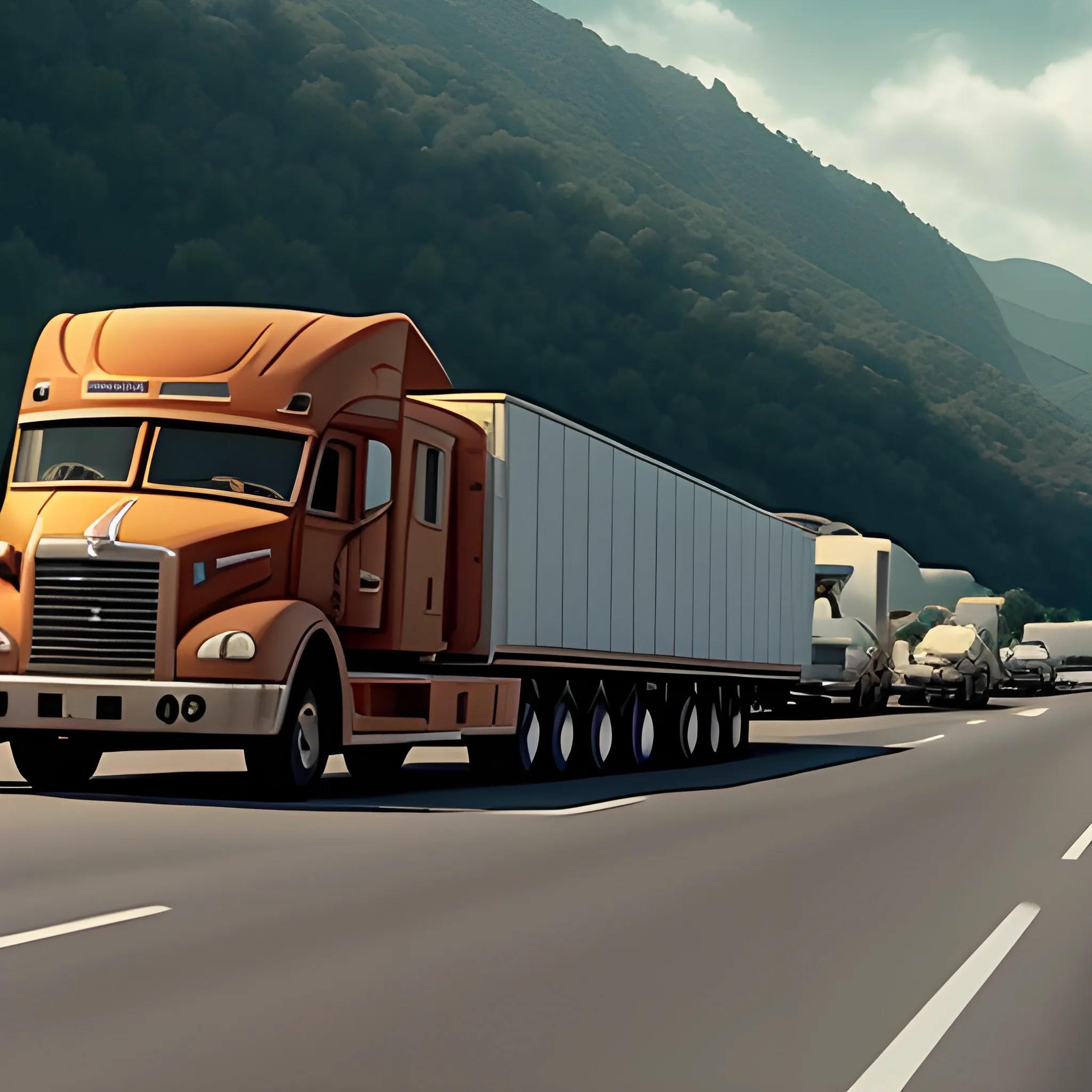 un trailer grande , por la carretera, 3D ,con titulo, raymundo, - Arthub.ai