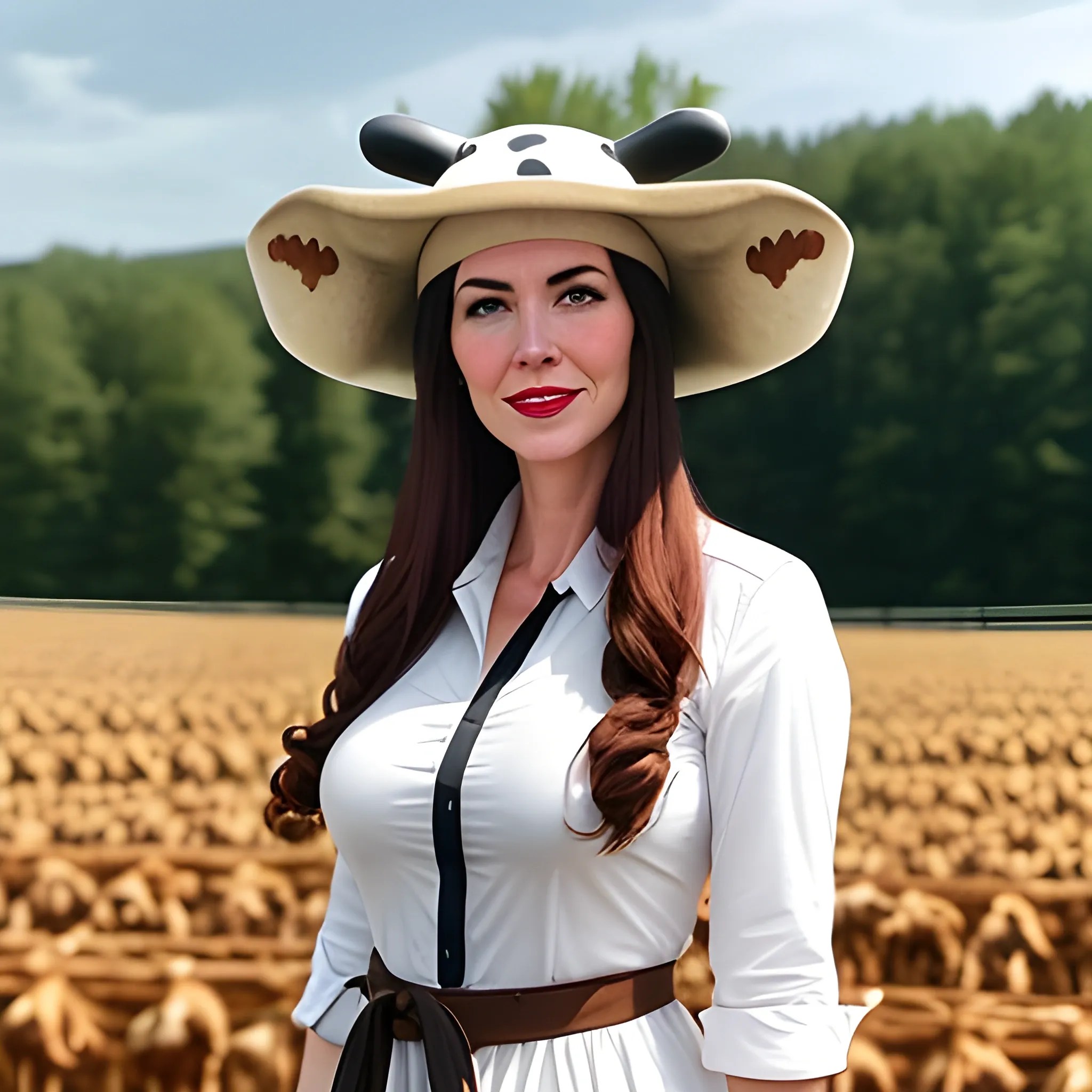 A young girl wearing a cow hat stands in a farm field, style is