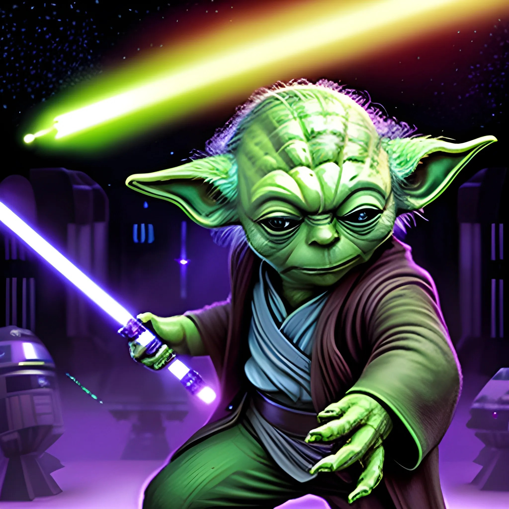 Baby Yoda on the dark side of the force, shooting red rays from Arthub.ai