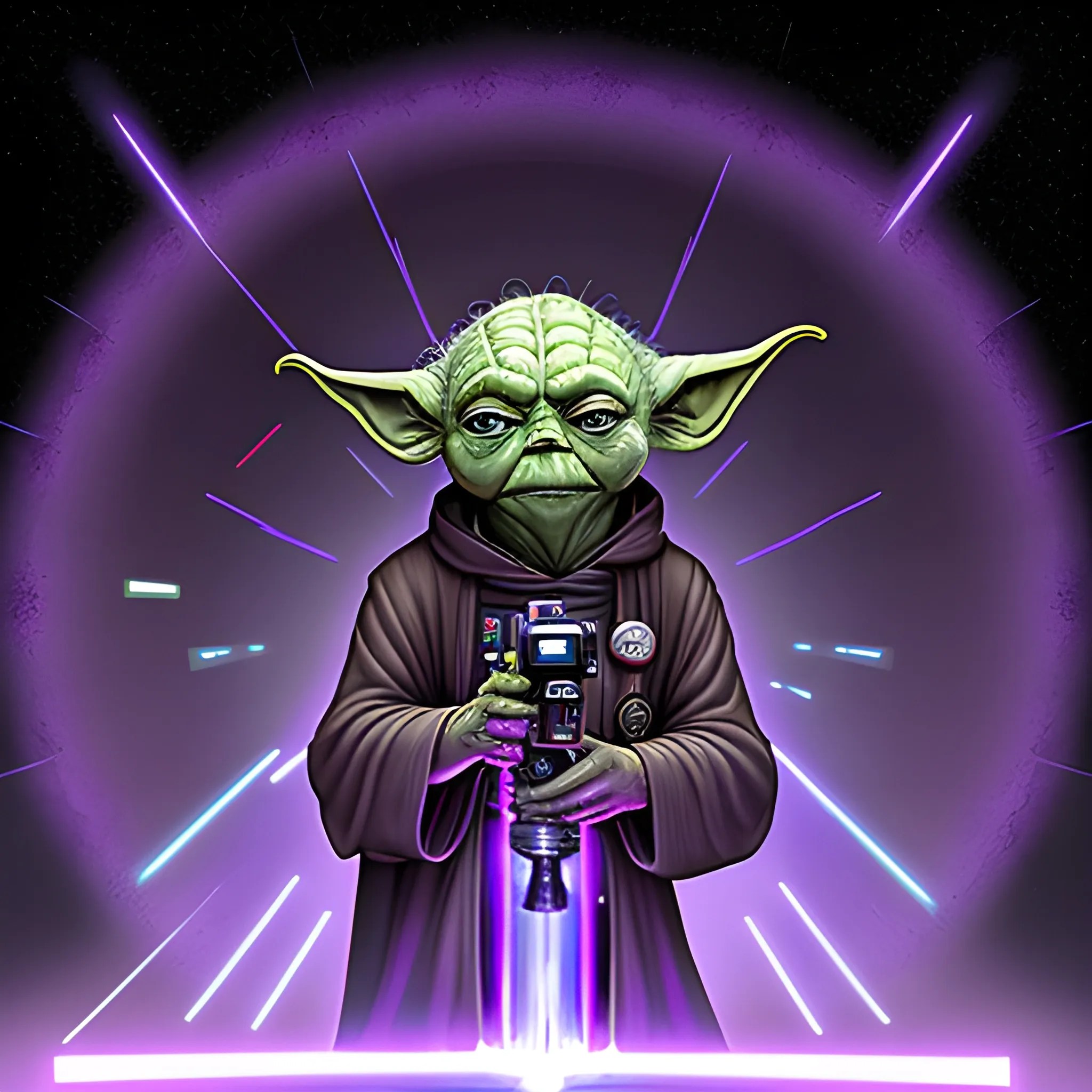 Baby Yoda on the dark side of the force, shooting red rays from Arthub.ai