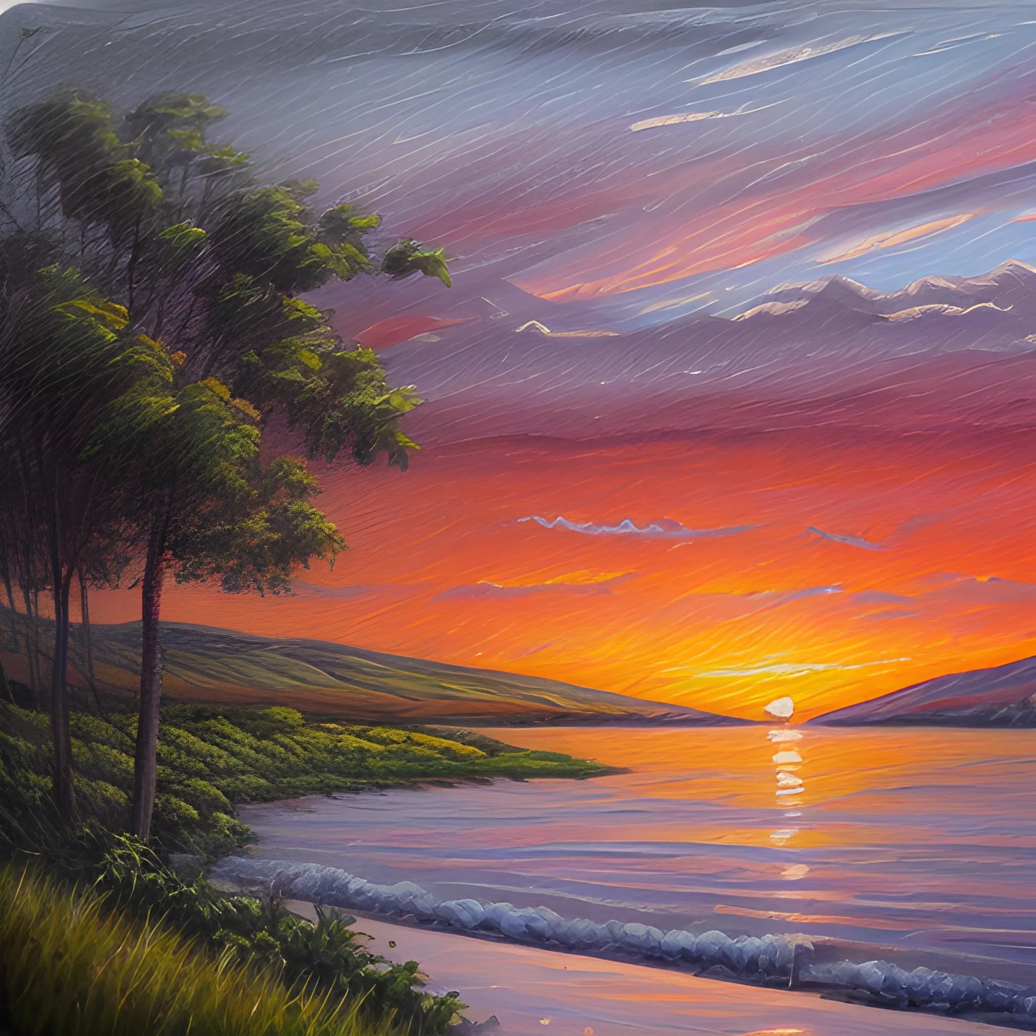 Sunset landscape painting, oil painting style, Pencil Sketch Arthub.ai