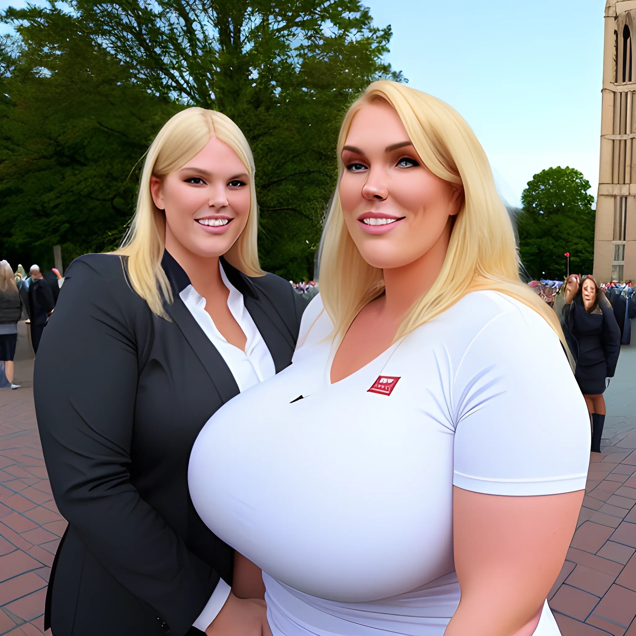 huge and very tall friendly blonde plus size girl with small head and