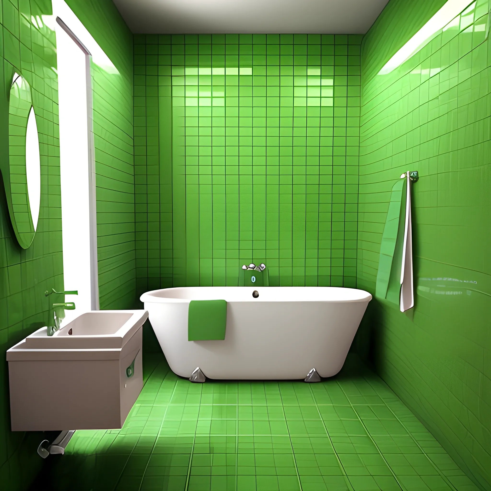a giant lonely tiled green bathroom aesthetic by the night, 3D Arthub.ai