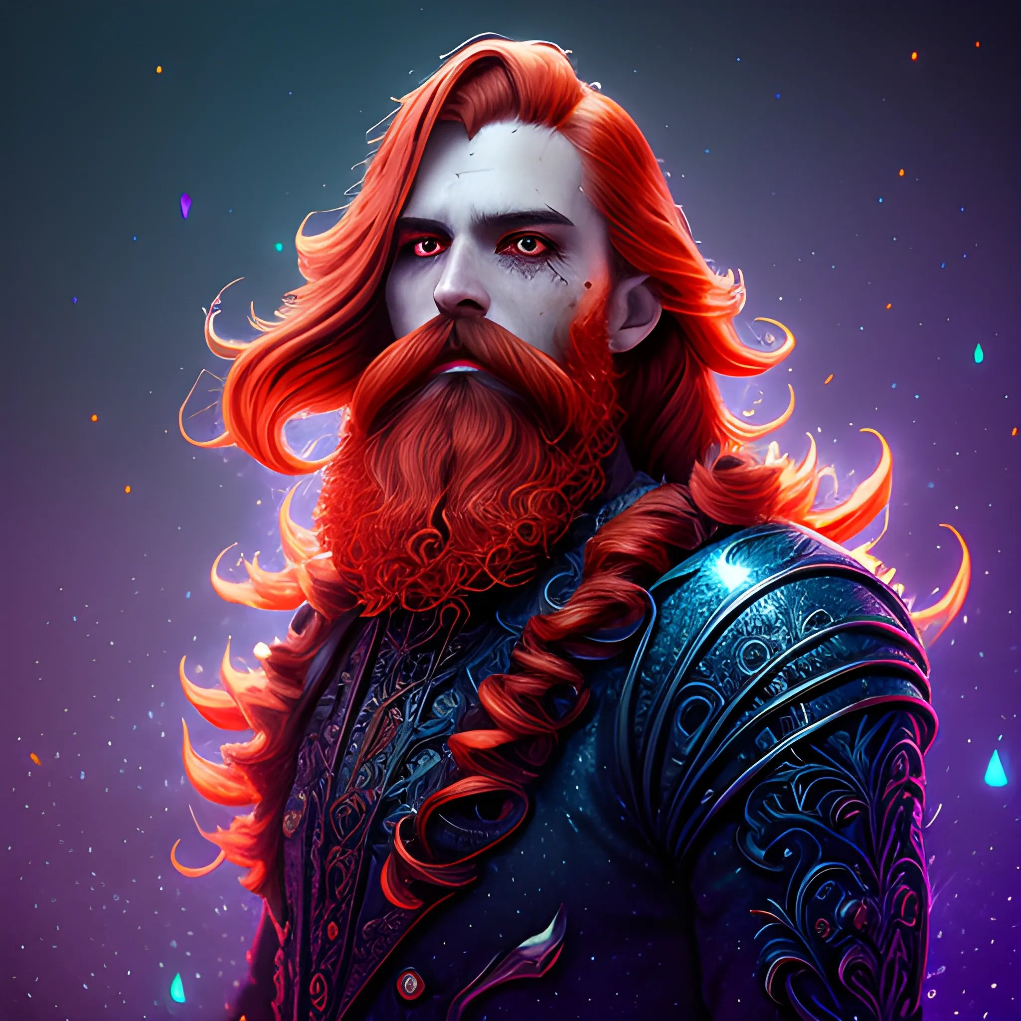 long hair, beard, redhead, vilain, luminous colorful sparkles, o