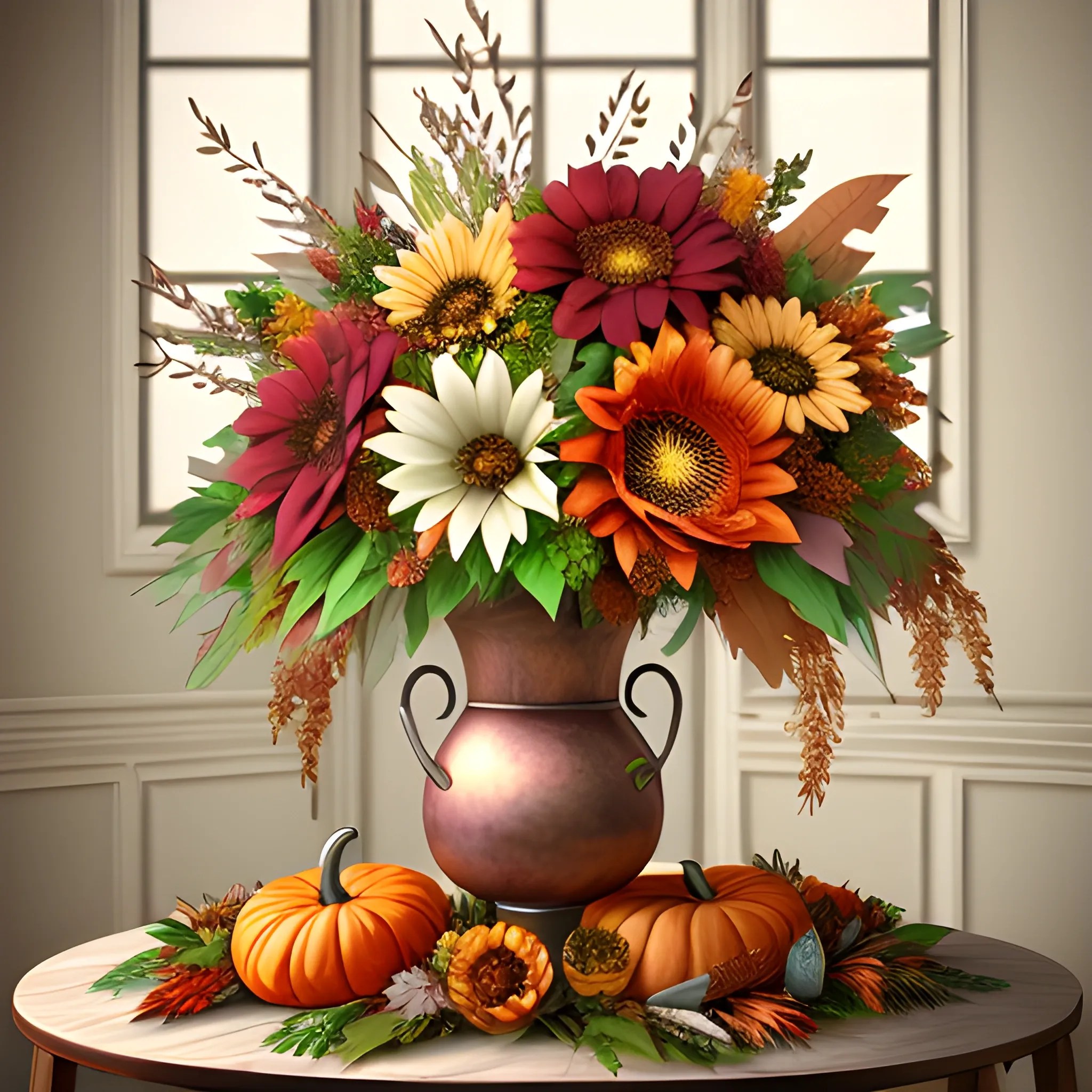 Beautiful Thanksgiving bouquet of flowers and leaves, elegant