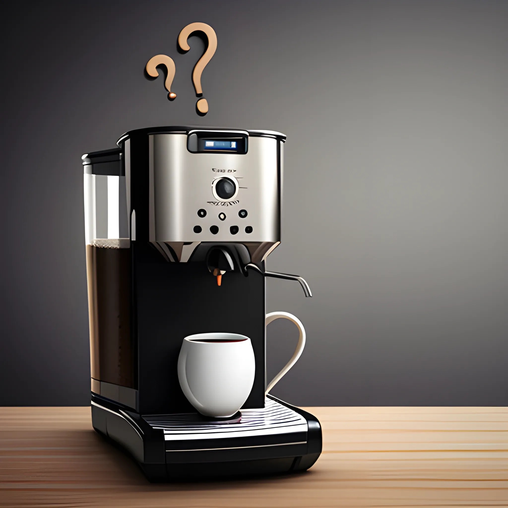 realistic looking alive coffee maker asking a question. With a q