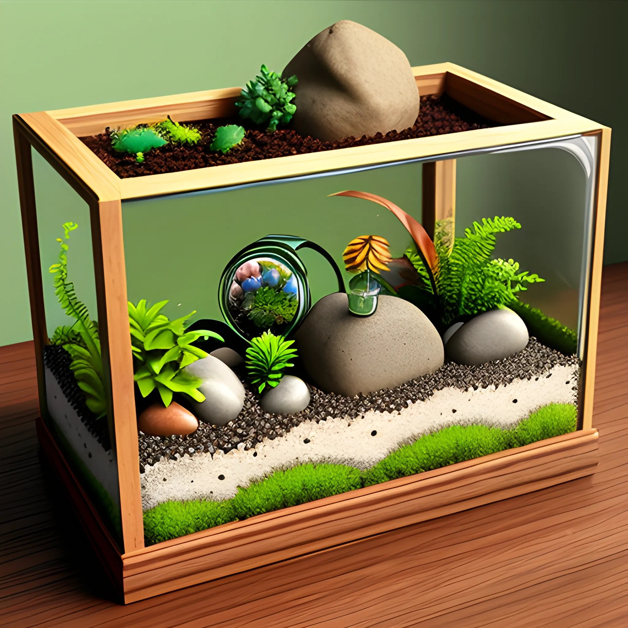 Create a rectangular terrarium with soil and rocks at different