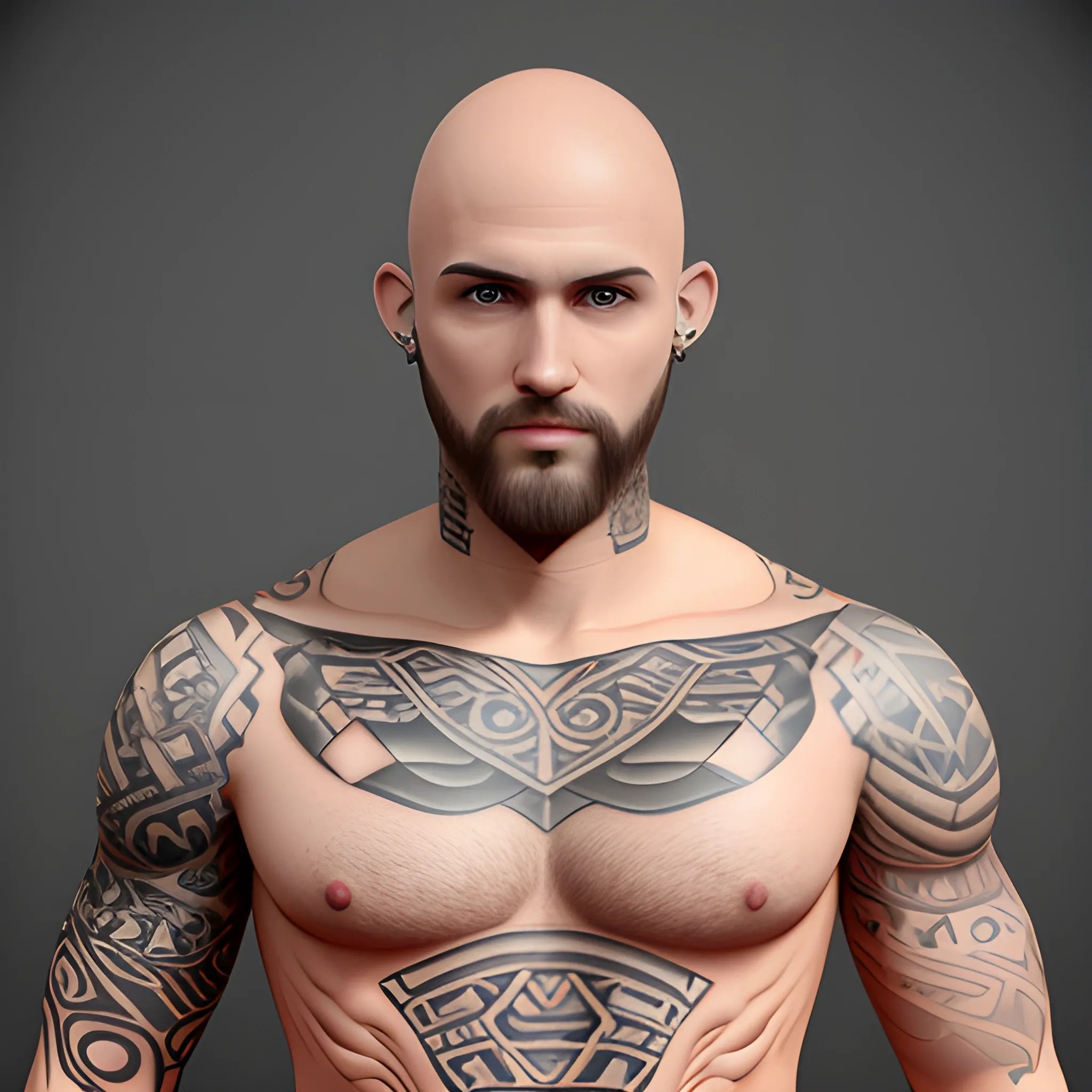 Fit dude, bald head, short beard and ear piercing, 3D. Nude pecs maorí