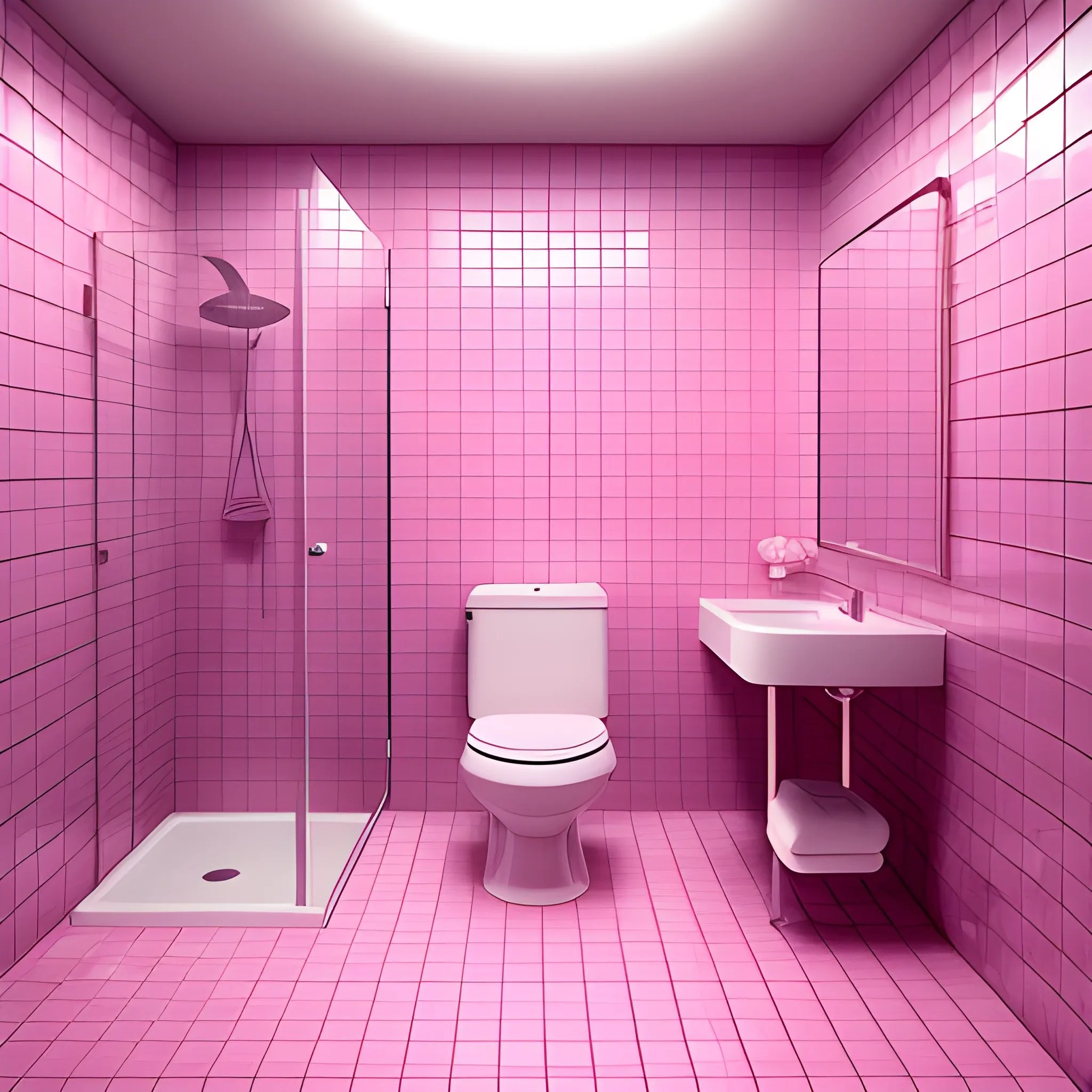 a giant lonely tiled pink bathroom aesthetic by the night, 3D Arthub.ai