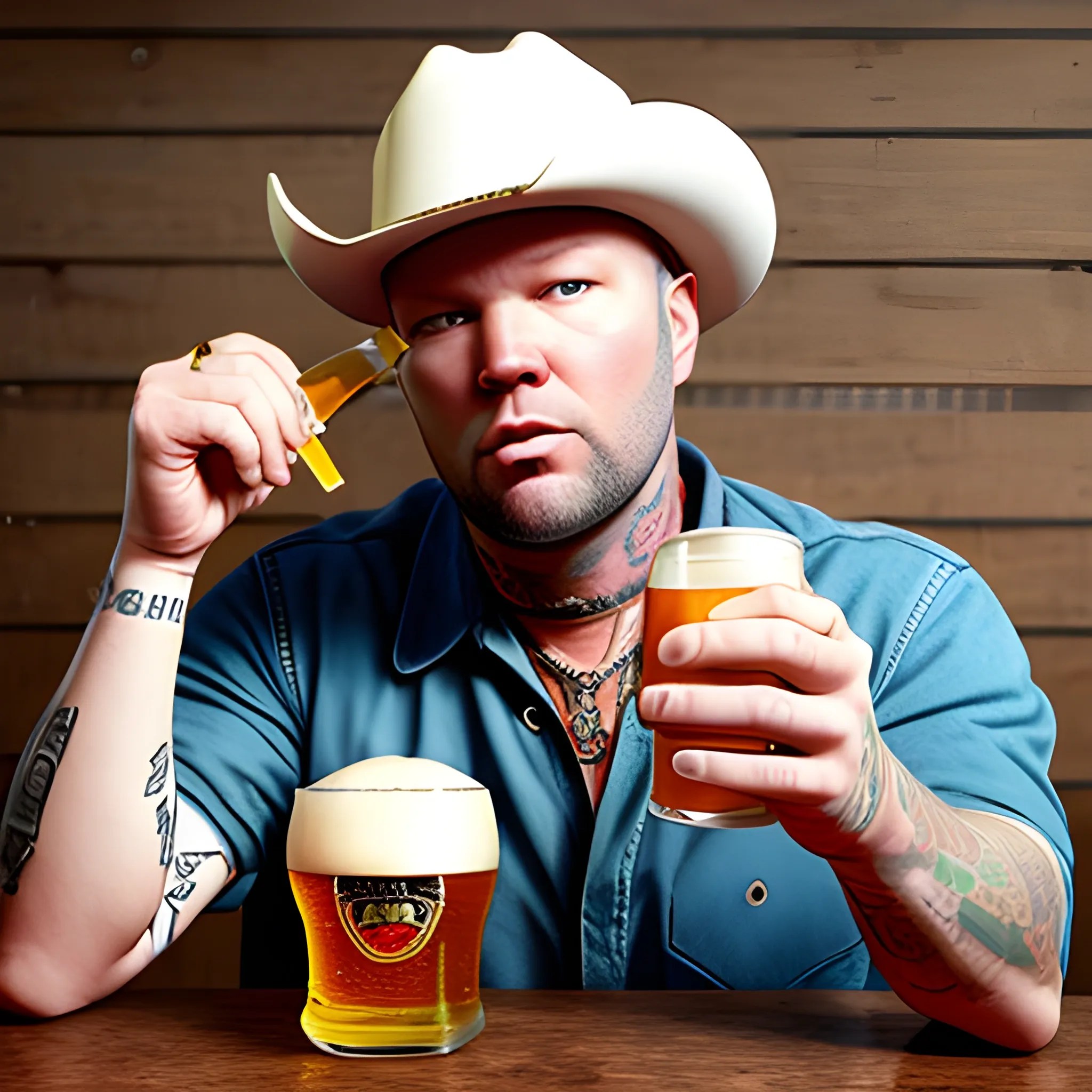 fred durst, wearing cowboy hat, drinking beer, 3d Arthub.ai