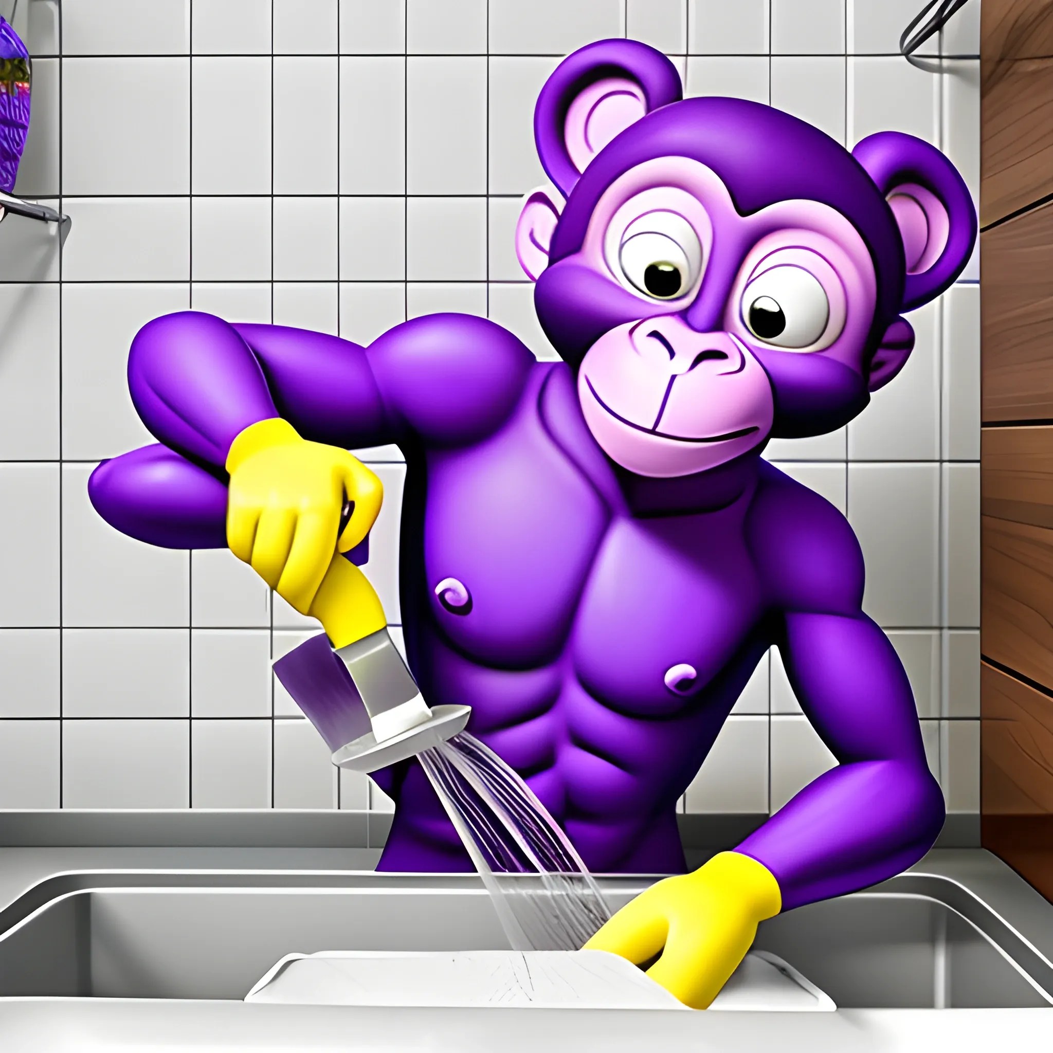 Purple Monkey washing dishes. Arthub.ai