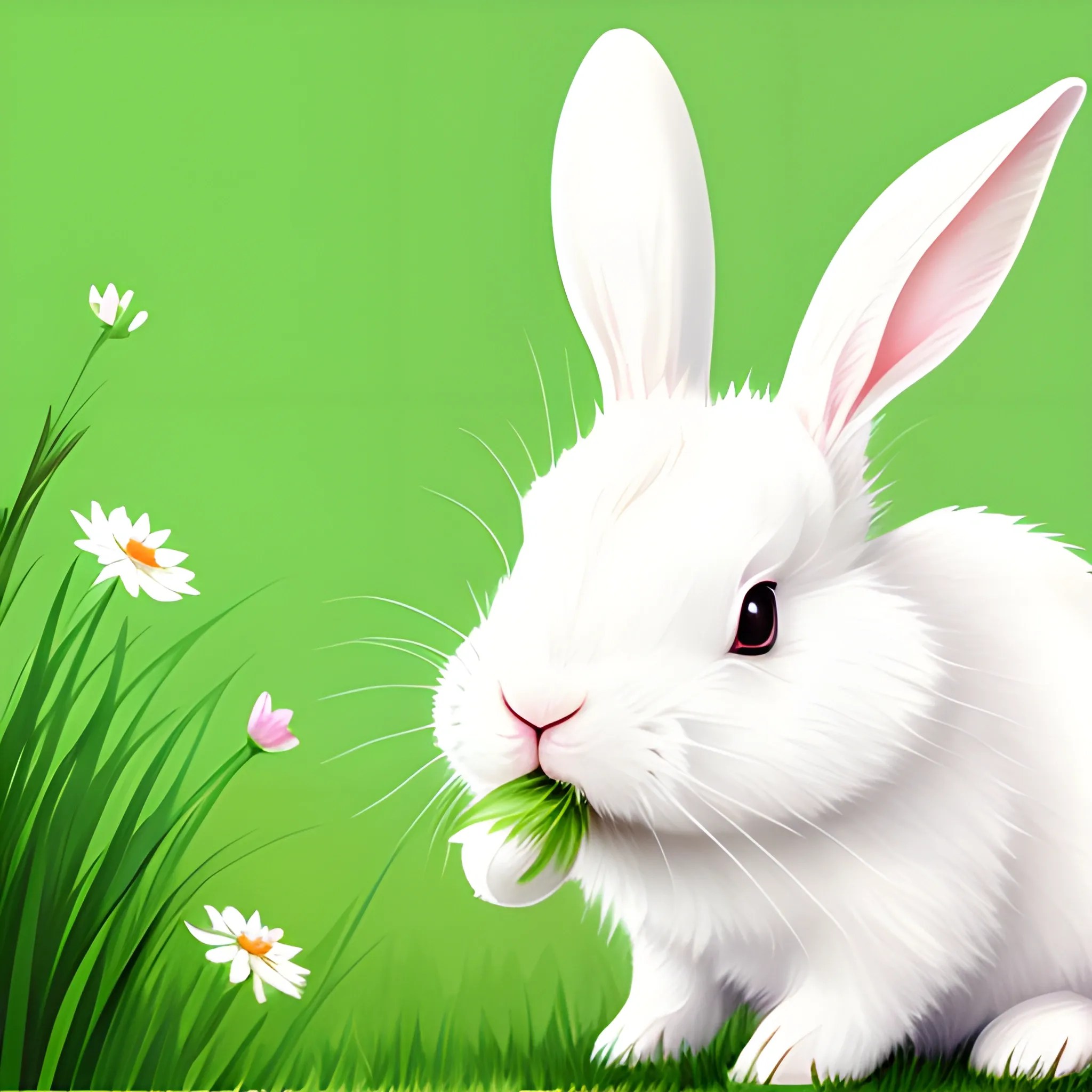 A cute white rabbit, eating grass, hand painted style, illustrat