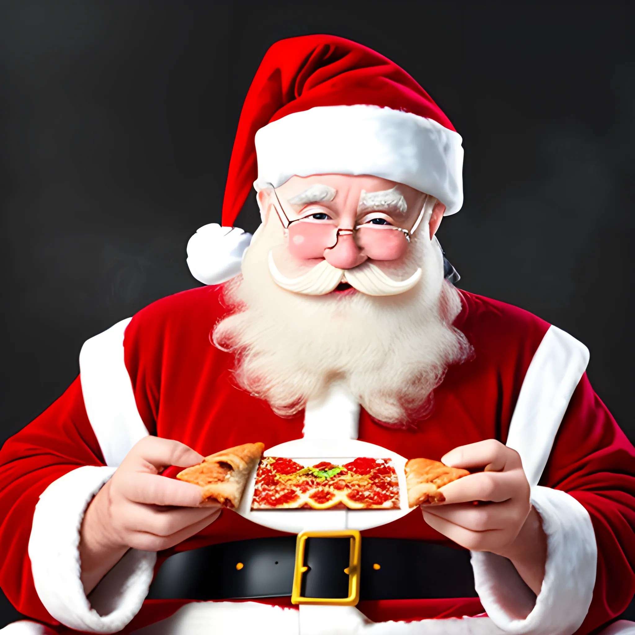 Santa Claus sitting with a piece of pizza in his right hand Arthub.ai