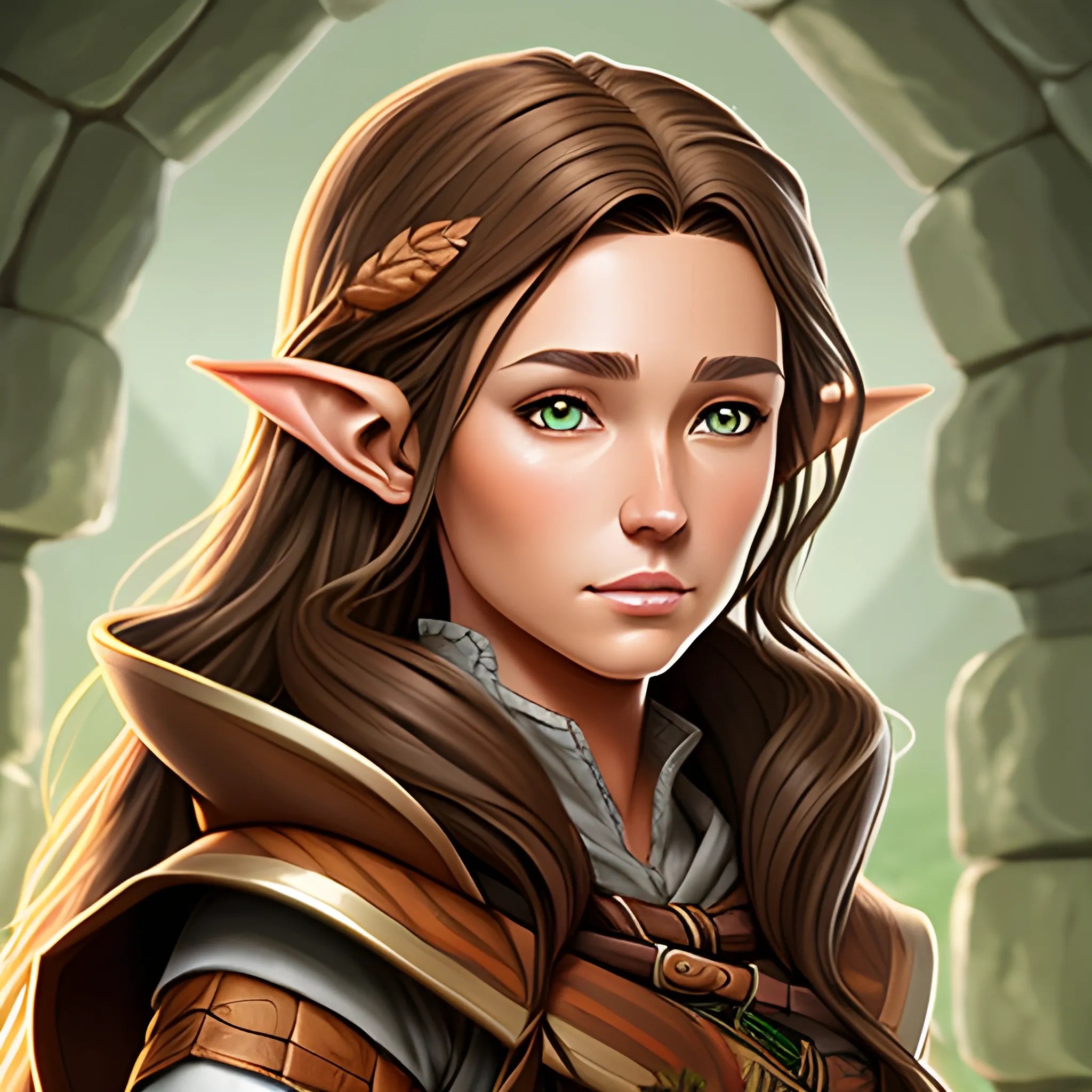 tan skin, brown hair, hazel eyes, female wood elf, wizard, dnd a
