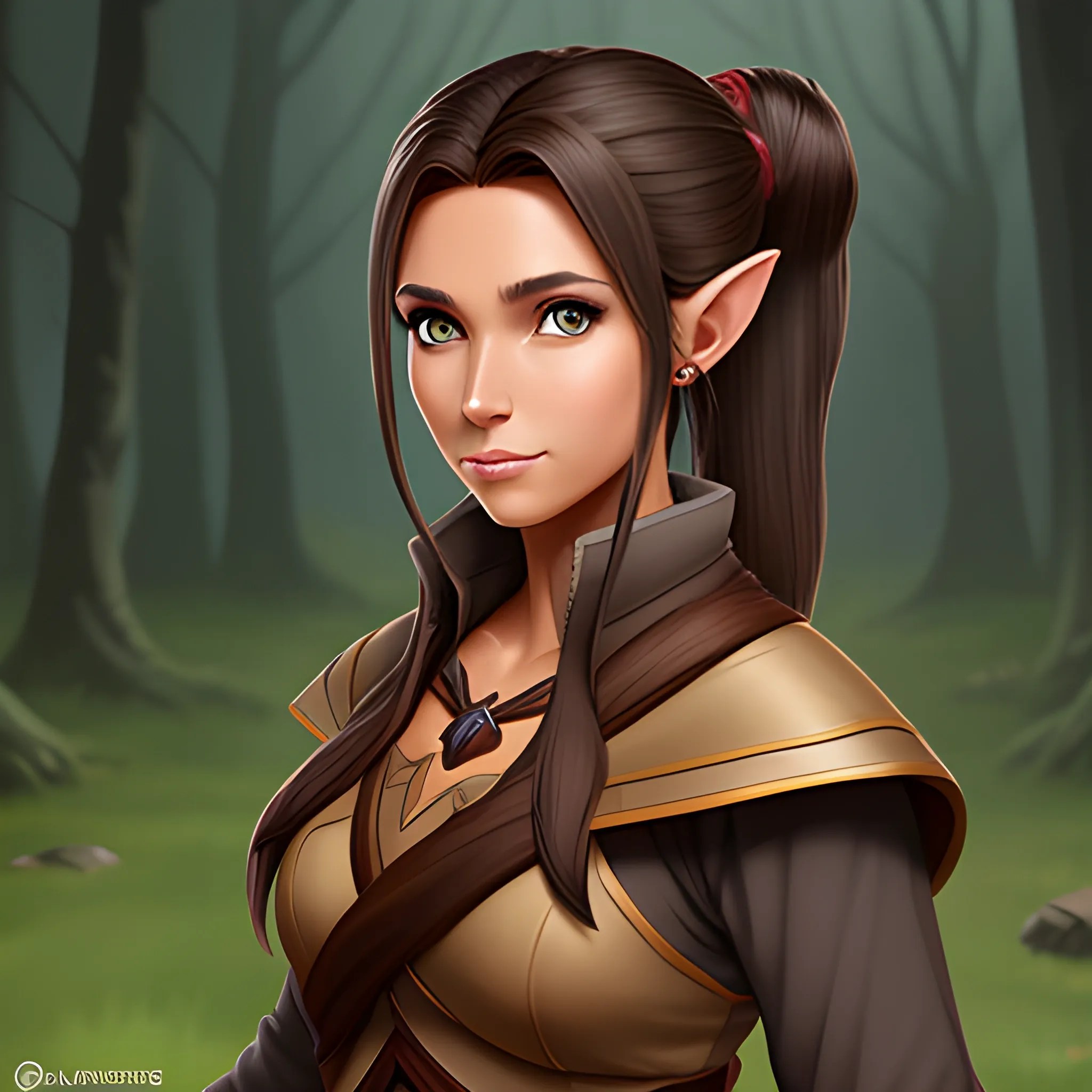 tan skin, dark brown hair, dark brown eyes, female wood elf, wiz