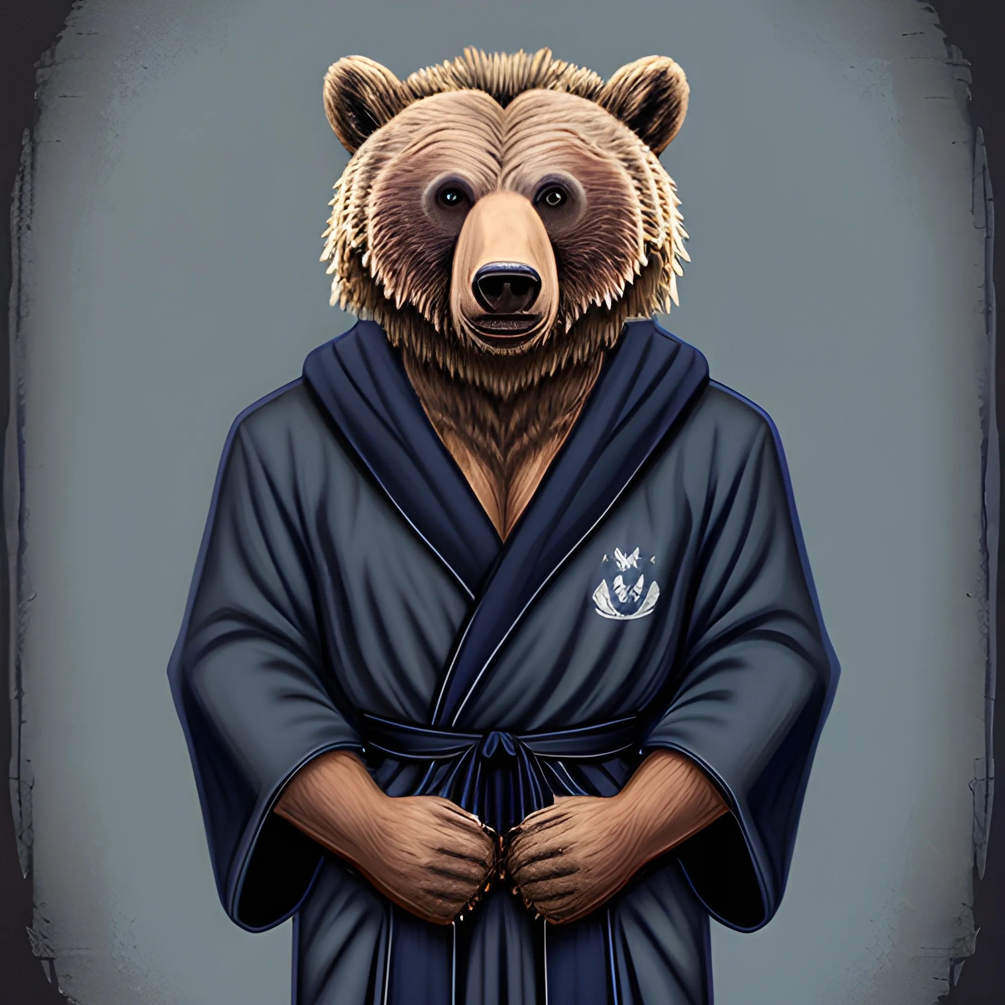 awakened grizzly bear wearing a navy blue robe, dnd artstyle Arthub.ai