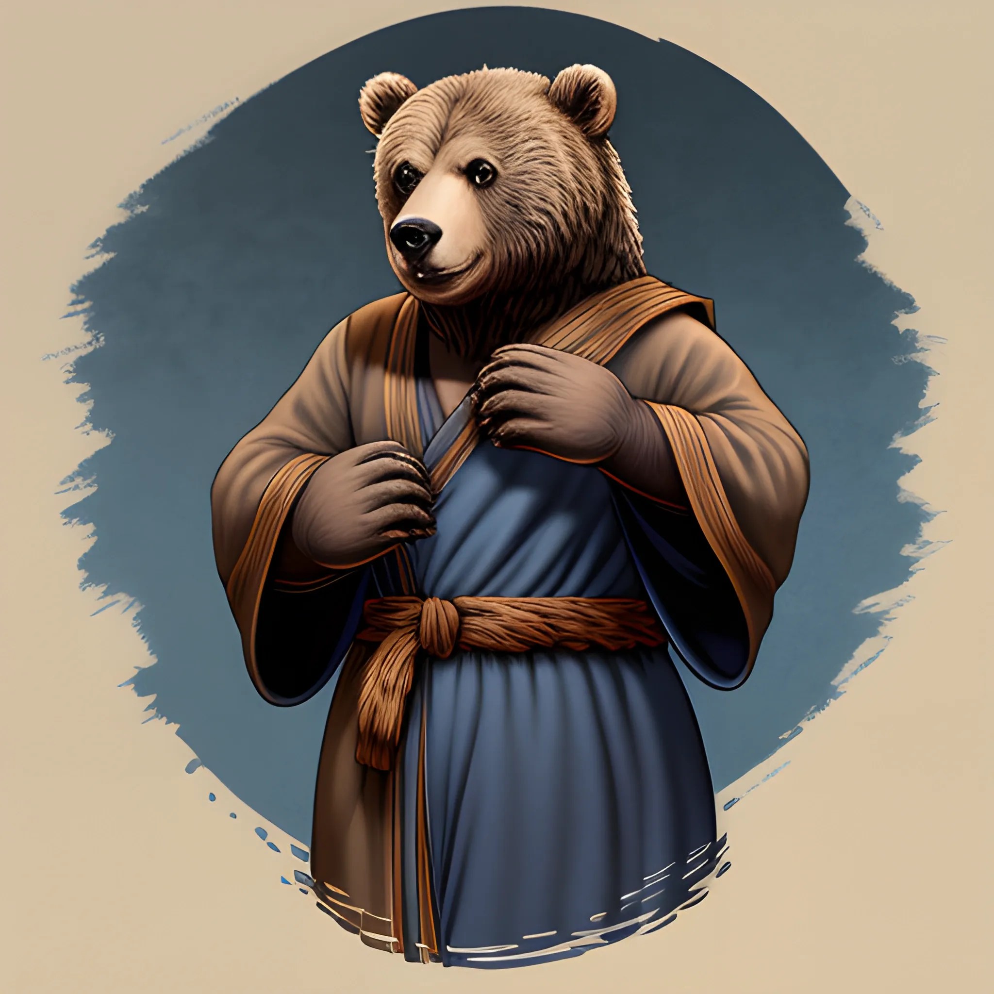 fluffy brown bear wearing dark blue monk robe, dnd artstyle Arthub.ai