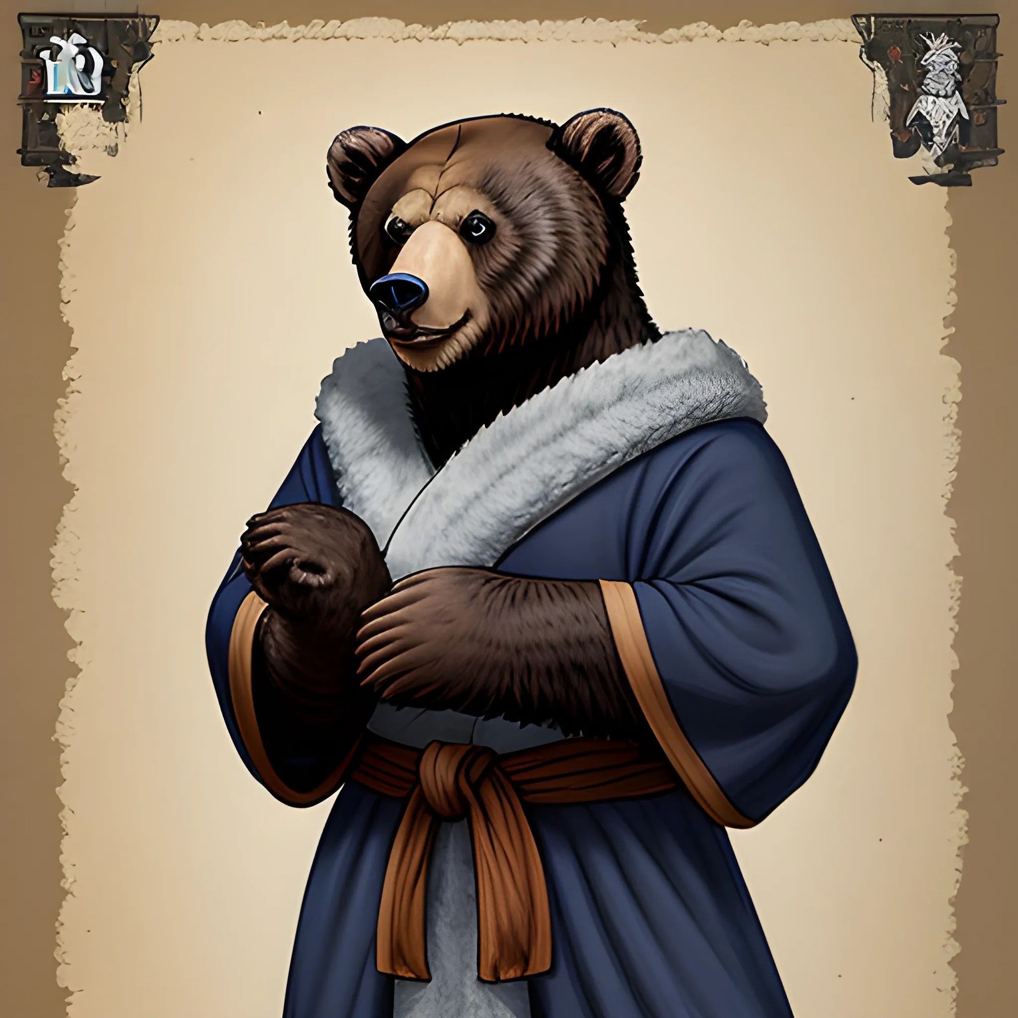 fluffy brown bear wearing dark blue monk robe, dnd artstyle Arthub.ai