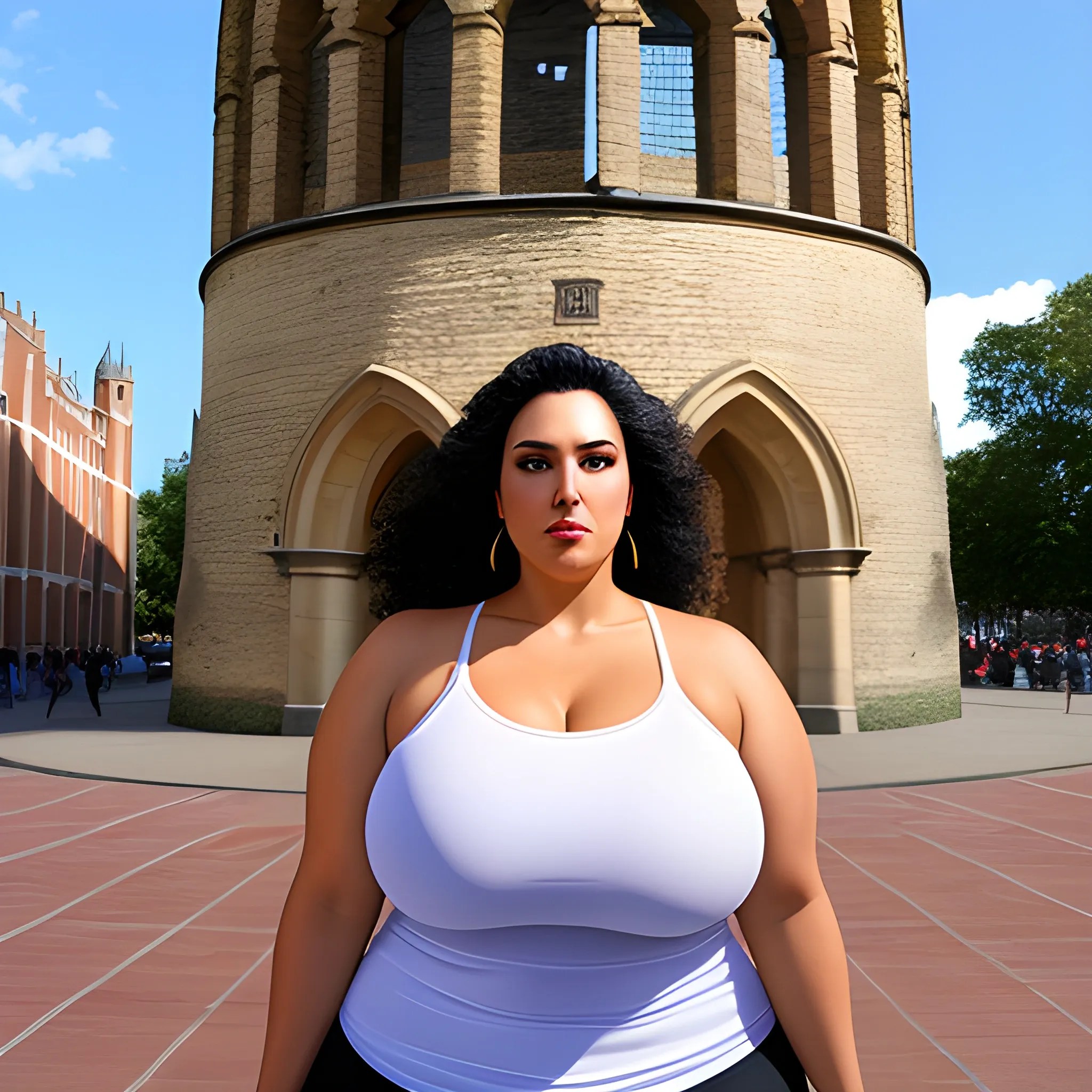 huge and very tall friendly latina plus size girl with small head and broad shoulders on busy