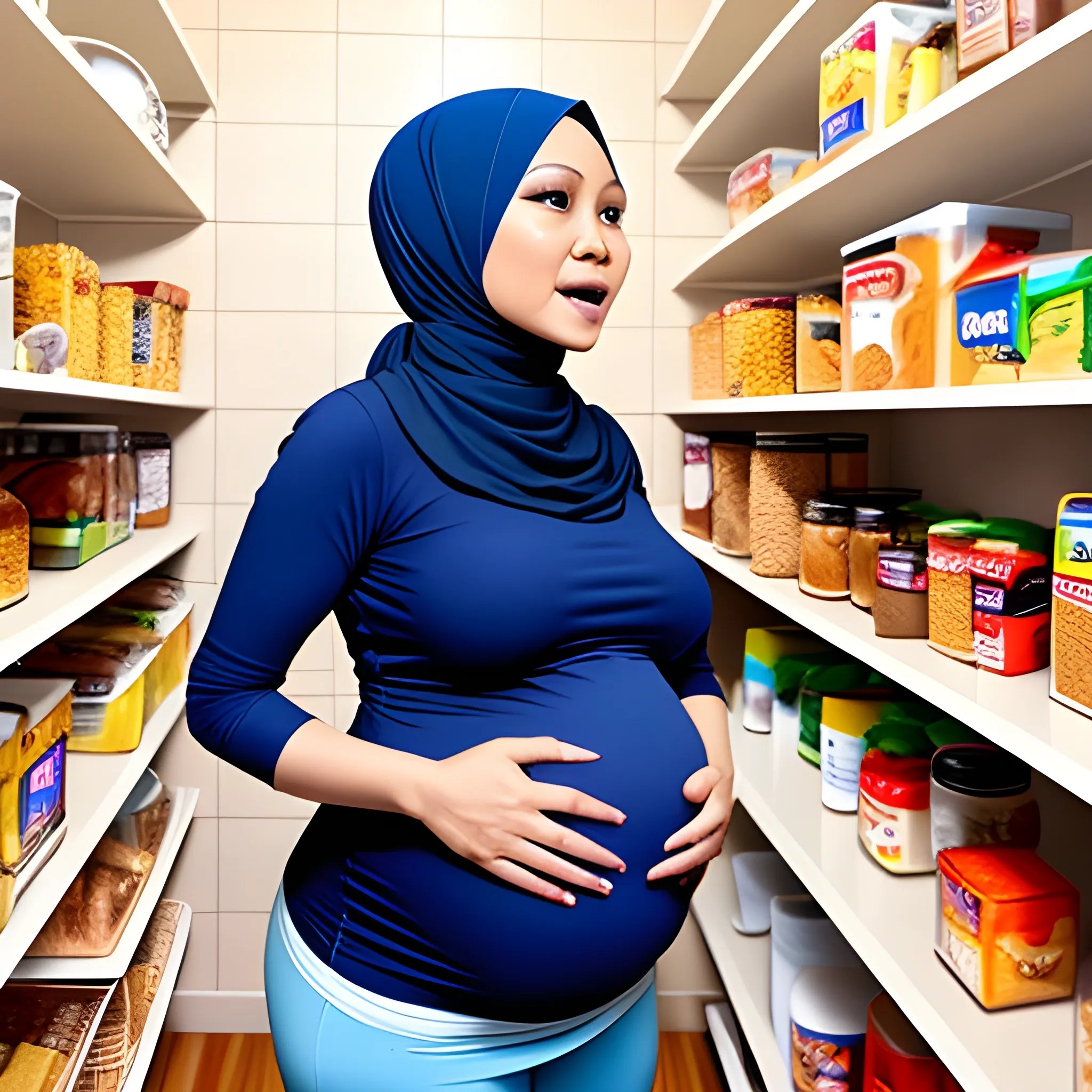 Pregnant malay tudung lady wearing tight shirt in pantry, eating