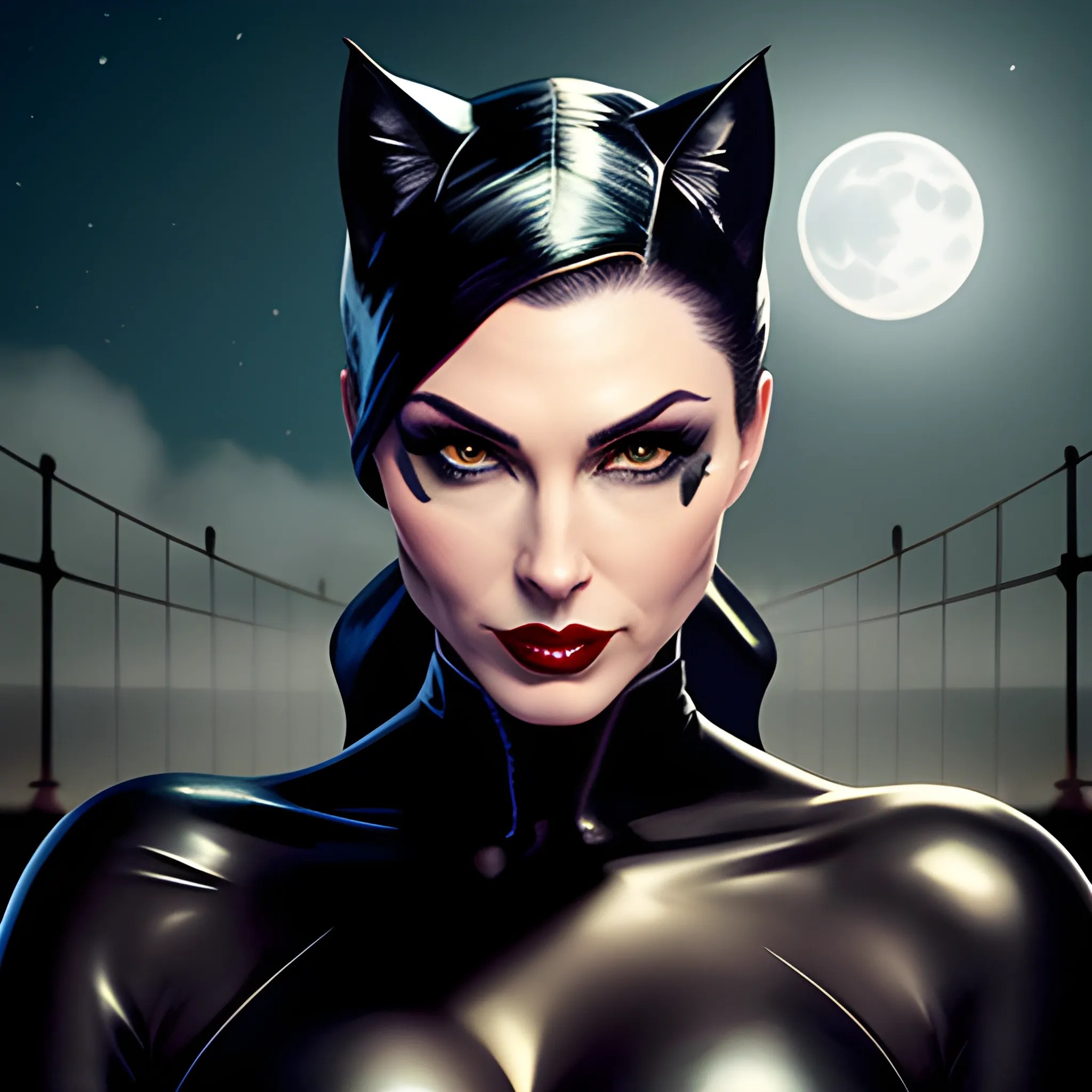 Charming young catwoman in strong light night, realistic portrai