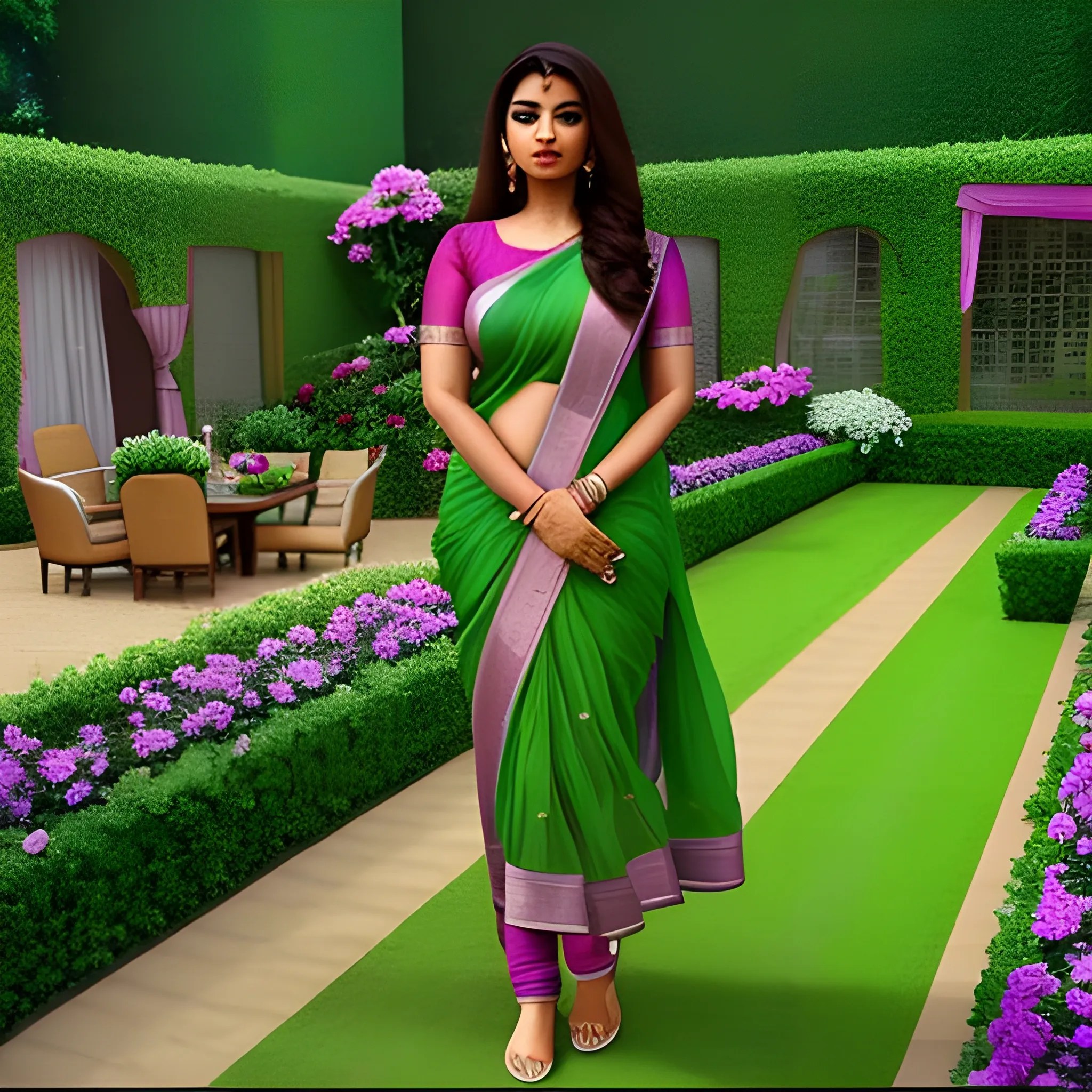 Aishwarya as hot Indian house wife with beautiful face in garden with full body , 3D - Arthub.ai