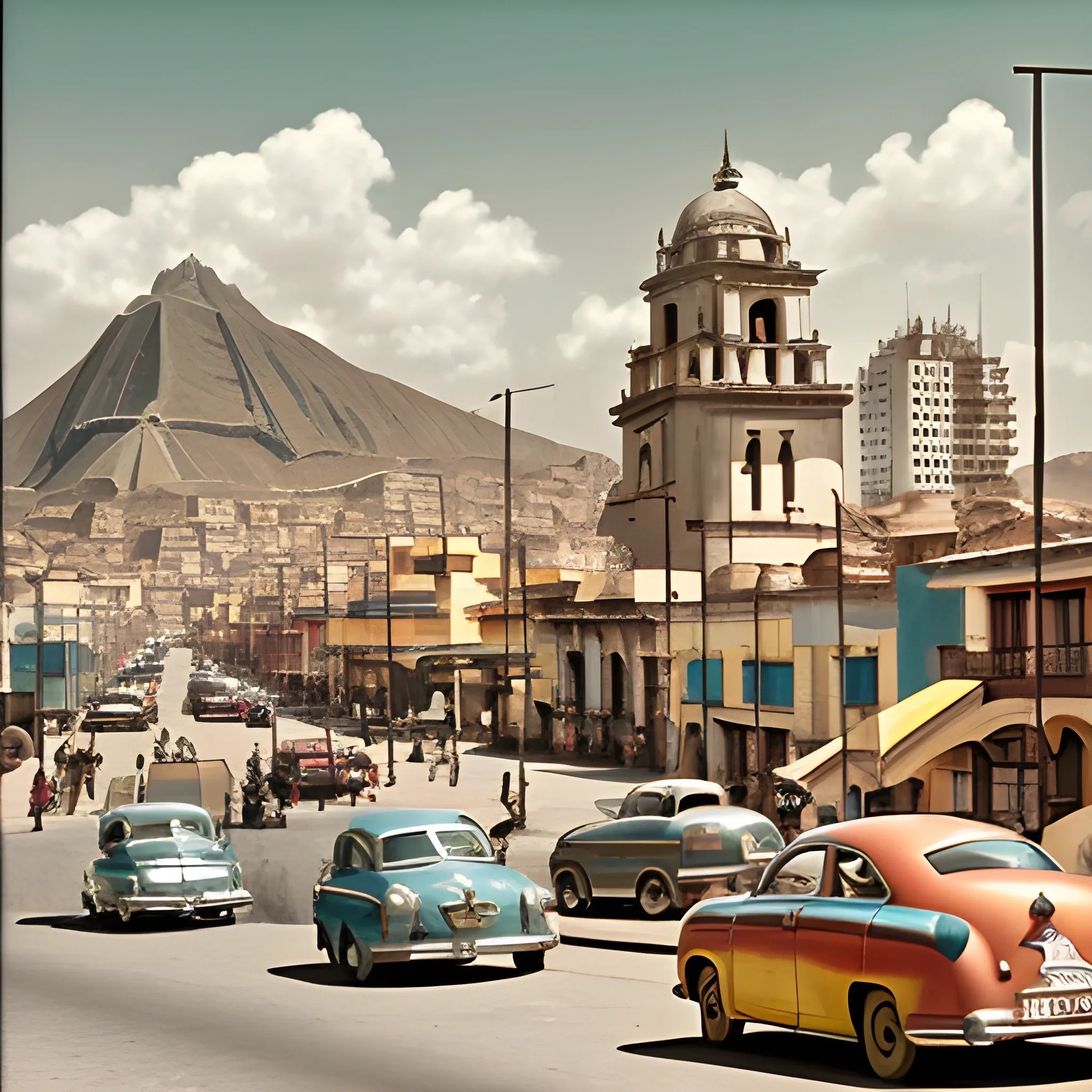 1950s peruvian city with architecture spanish . muted colors Arthub.ai