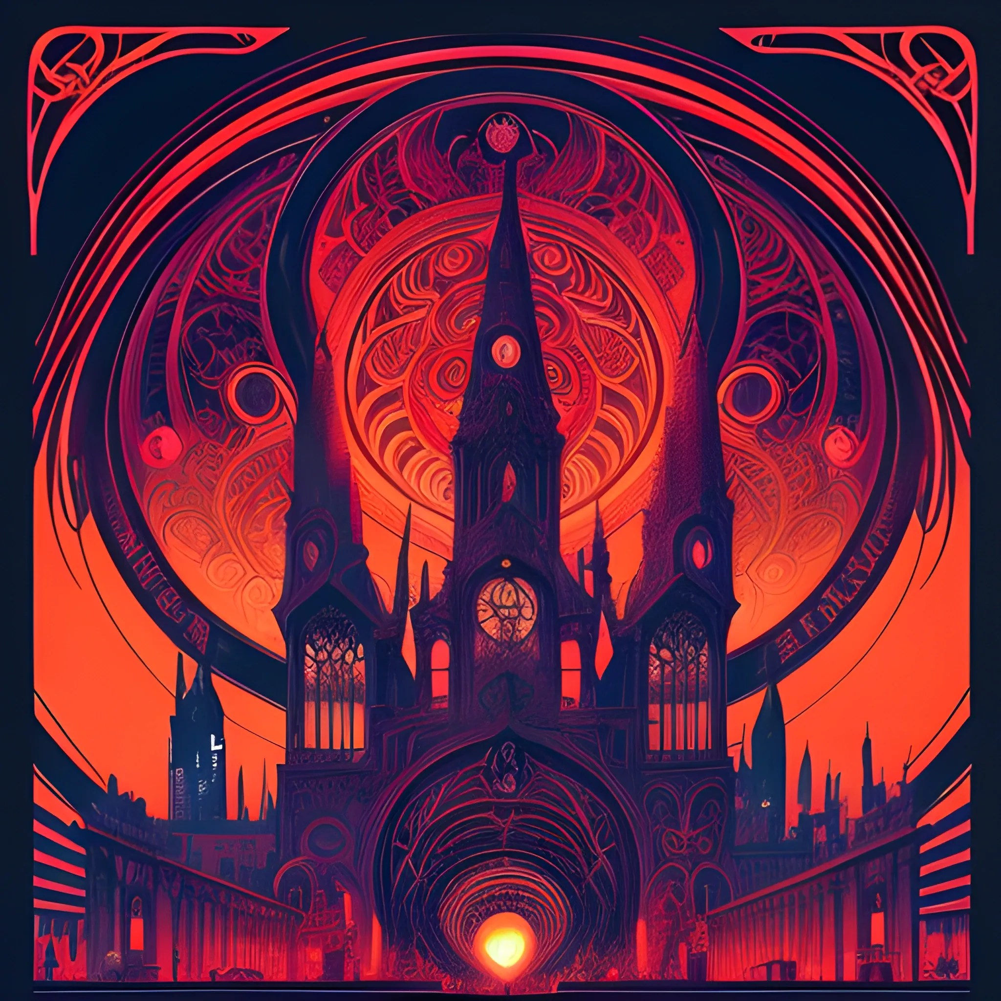 An image of ae Art Nouveau painting, red and sillver colors, spi