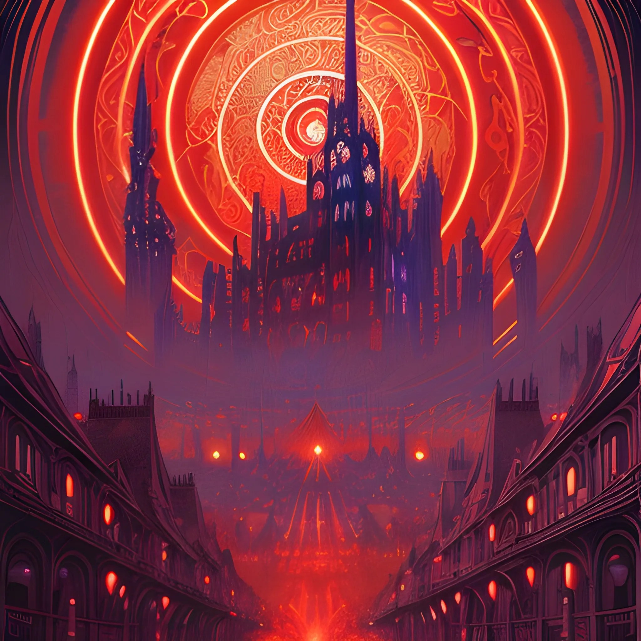 An image of ae Art Nouveau painting, red and sillver colors, spi