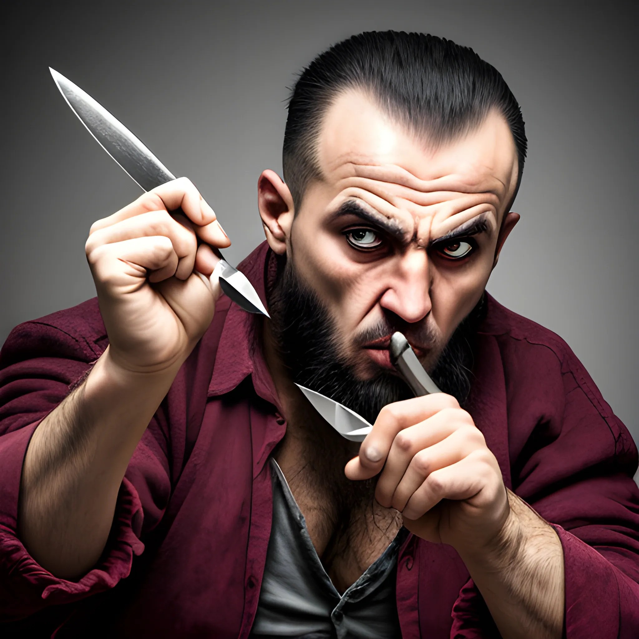 crazy albanian holding a knife while staring Arthub.ai
