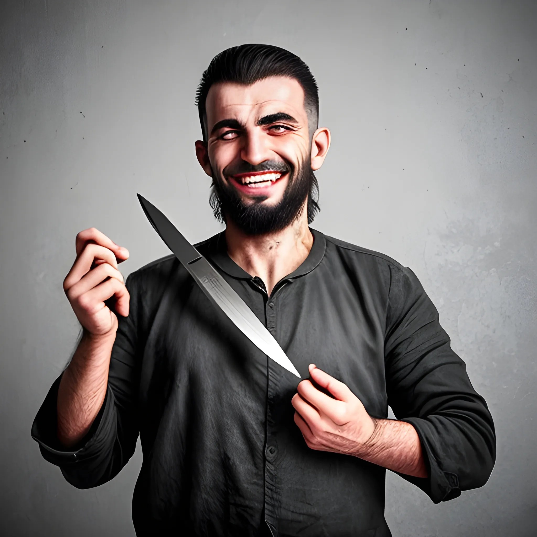 crazy albanian holding a knife while staring smiling Arthub.ai