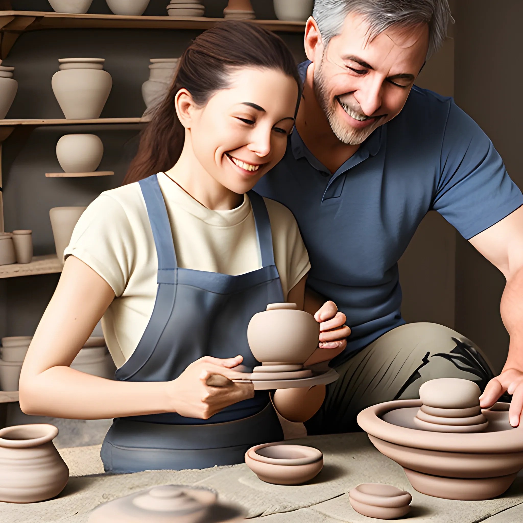 couple making pottery on realistic ceramic wheel Arthub.ai