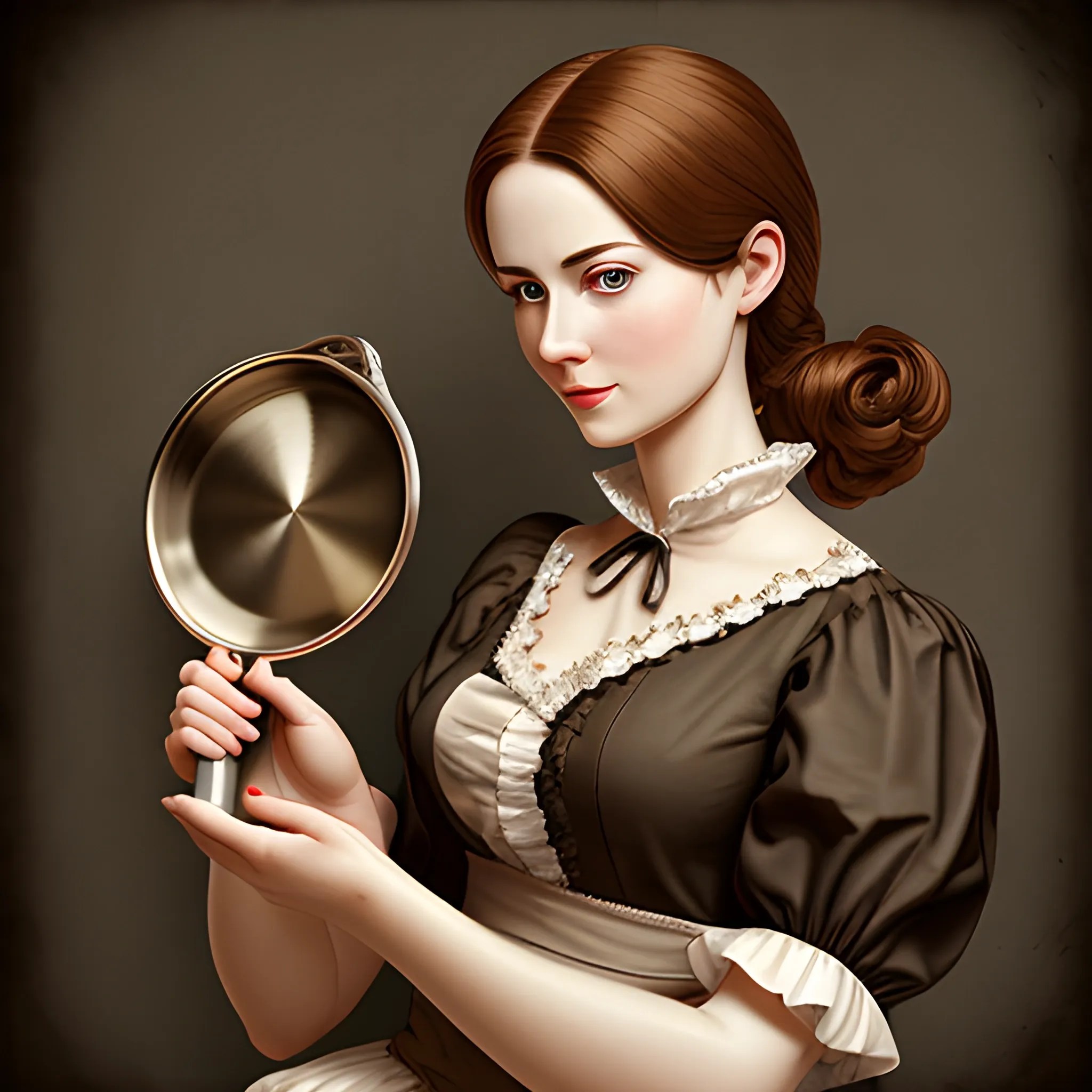 An elegant lady holdingf a frying pan, eyecatching detail, real