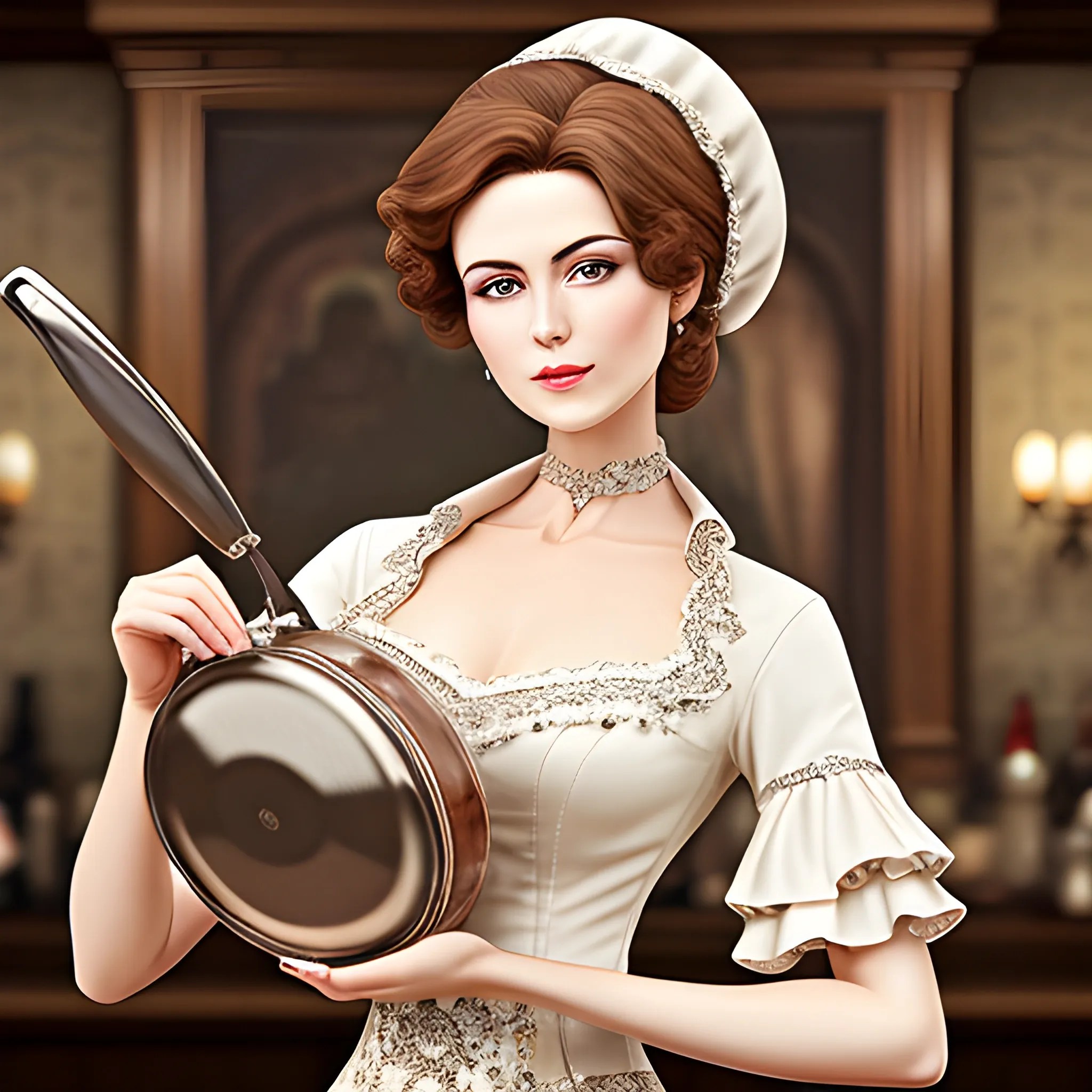 An elegant lady holding a frying pan, eyecatching detail, reali