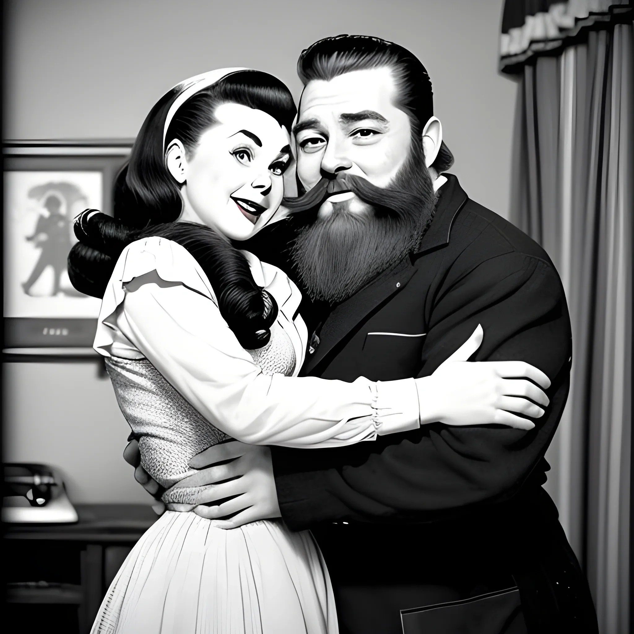 50s couple hugging, 50s movie, dwarf with big beard husband, dwa