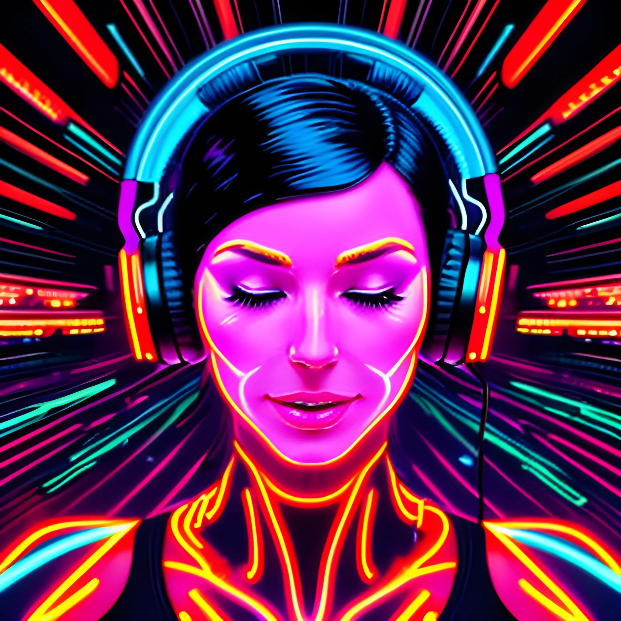 Neon light, closeup of a girl with headphones holding them with