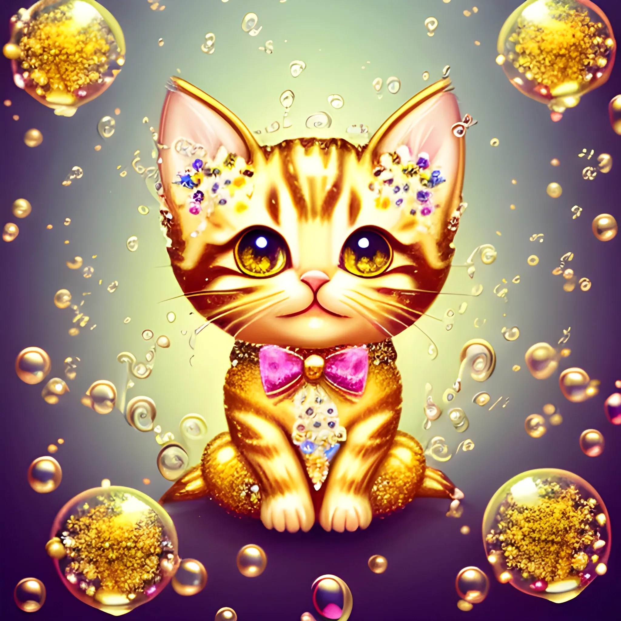 smiling cute baby kitten adorned by soap bubbles and mini beauti