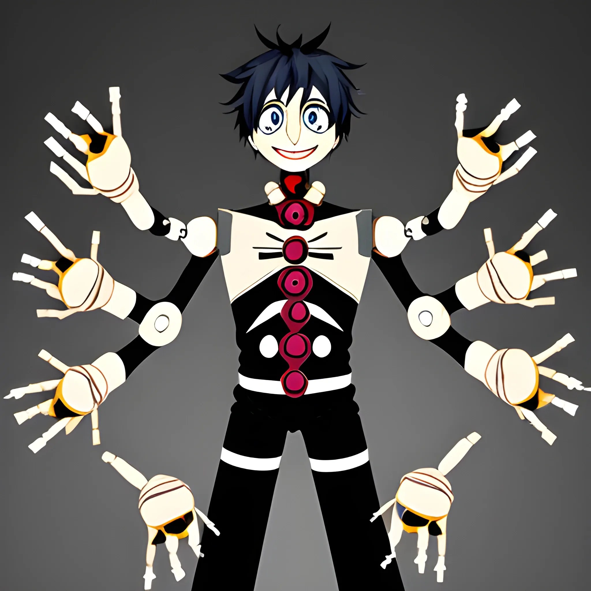puppeteer man with 6 arms with parts of puppets around him anime... Arthub.ai