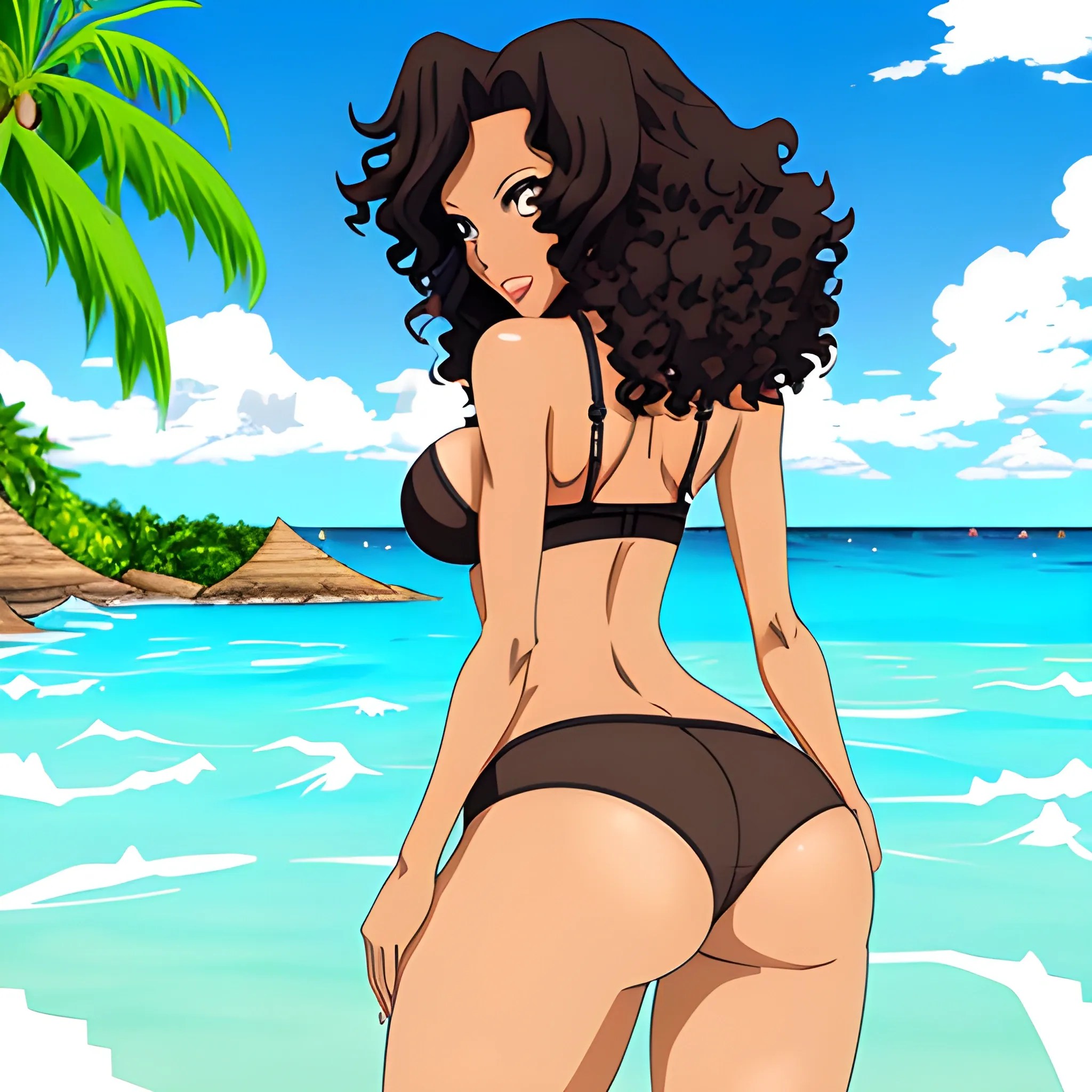 Anime,beach,rear view,cute girl, brown skin, black curly hair, b