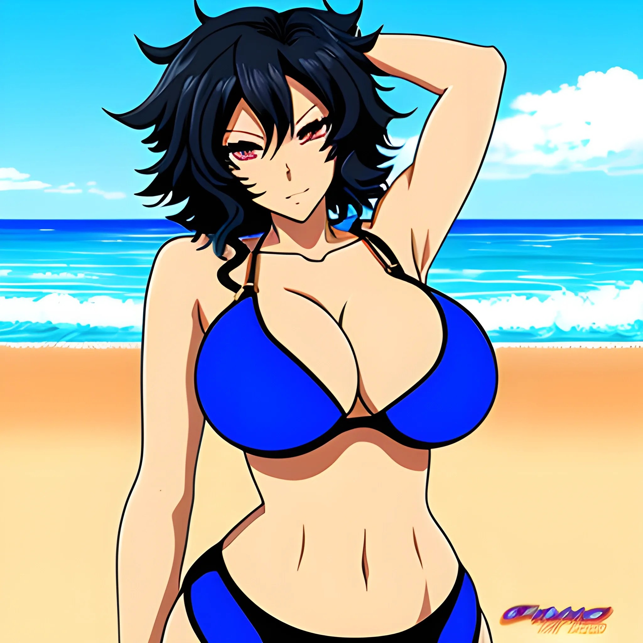 Anime,beach,rear view, blackskin,cute girl,black curly hair,blue